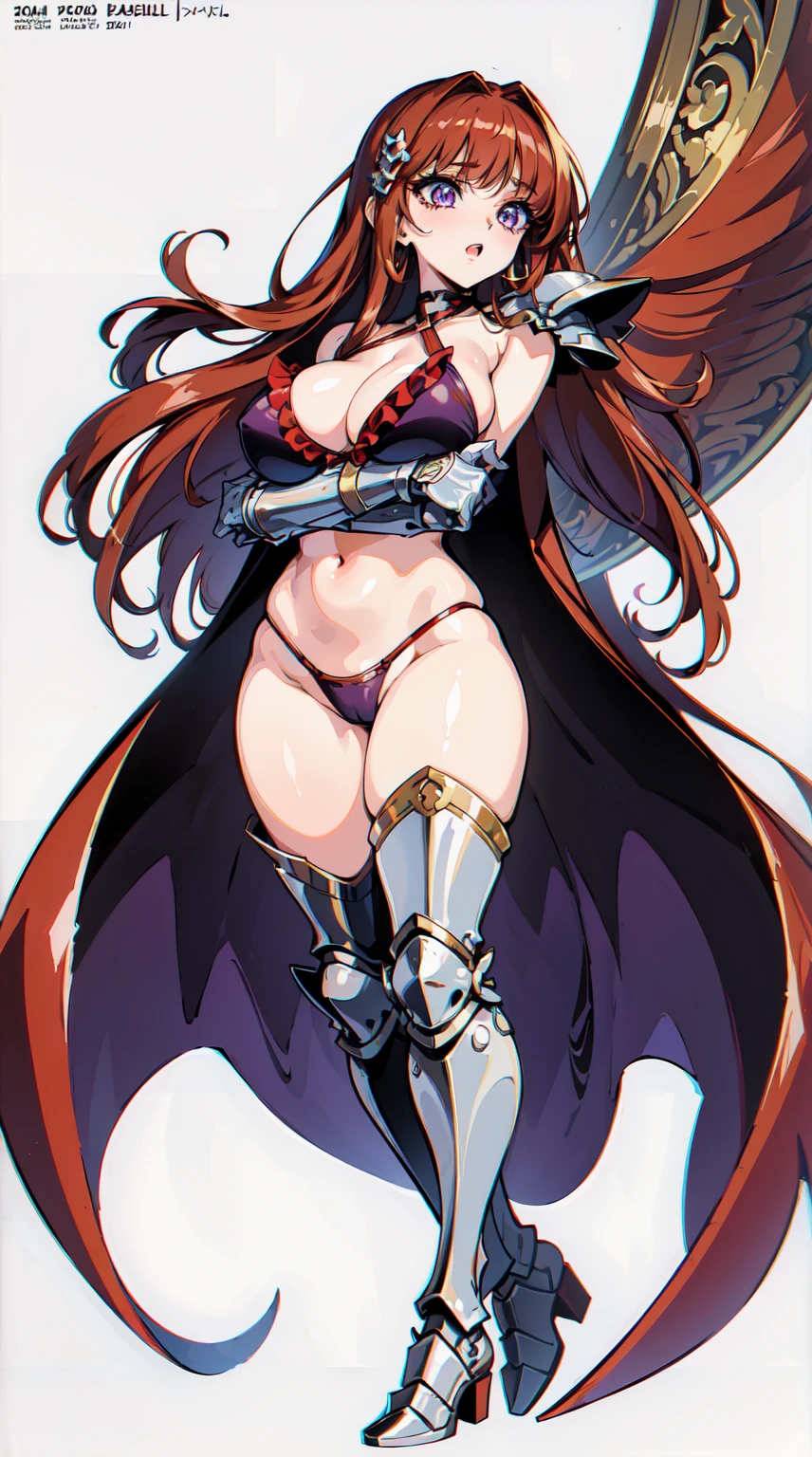 "(masterpiece:1.1), best quality,
1girl, (80s anime style:1.3), (eyelashes:1.5), (li:1.2),
(intricate high detailed body:1.2),
(red hair:1.1), (blunt bangs:1.1), (long hair, wavy hair:1.1), (hair ornament:1.2),
purple eyes,
(gigantic breasts:1.3),
(expressionless:1.2), open mouth,
(high cut bikini armor, criss-cross halter:1.2),
(knight armor, armored boots:1.2), (frill:1.1), (hoop earrings:1.1), gloves,
standing, crossed arms,
(dynamic pose:1.1), (full body, looking at viewer, from front:1.1),
(simple white background:1.2)"