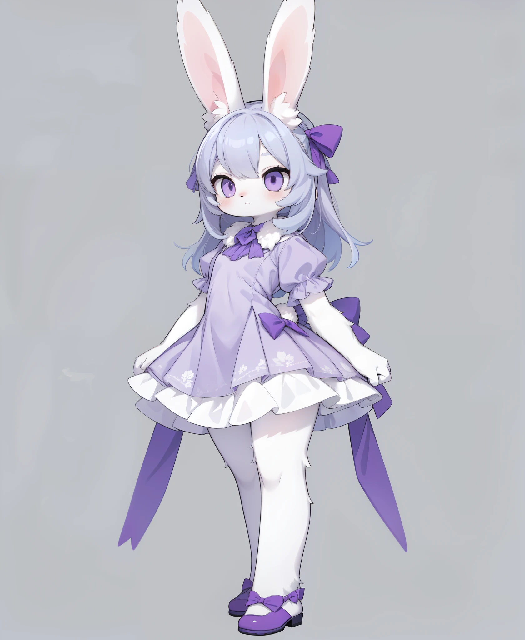 furry purple rabbit female,rabbit ears,rabbit tail,frilled dress,wide hips,white fur body,simple background,full body,standing,