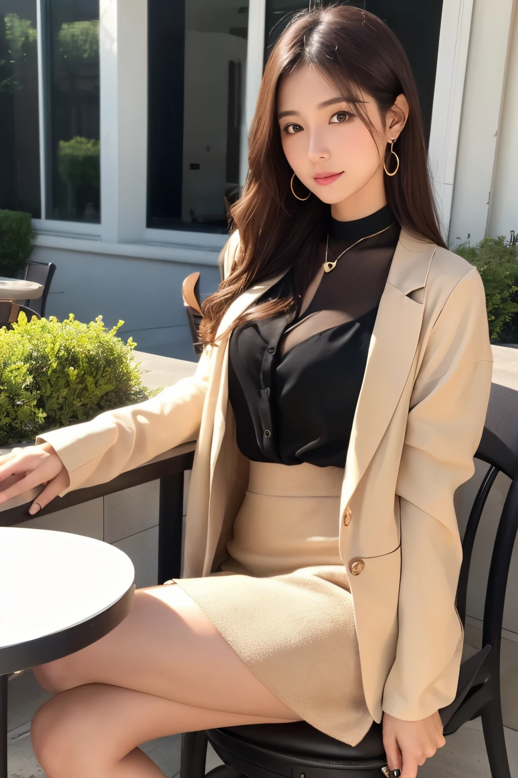 (Top resolution, Distinct_Image 1.2) 、(Beautiful girl with golden ratio face)、(very vivid eyes、earth eye 1.2)、great essentials, high detailing,lipgloss、A Japanese Lady、Very beautiful girl、 Solo, Beautiful girl like a model、(((Sheer blouse、Beige jacket、Beige Blazer)))、(((Beige tight skirt)))、(((high-heels))),(cafe terrace,Table seating,a chair)
