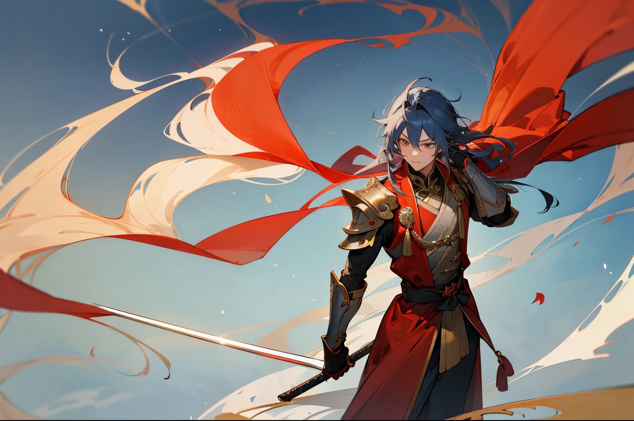 blue gray gradient hair,A teenager,male people,Taoist,Handsome,Red robe,Detail of golden armor,Lazy,Standing on the ground,The sky is full of detailed talismans,Holding a mahogany sword,Messy waist-length hair,dingdall effect