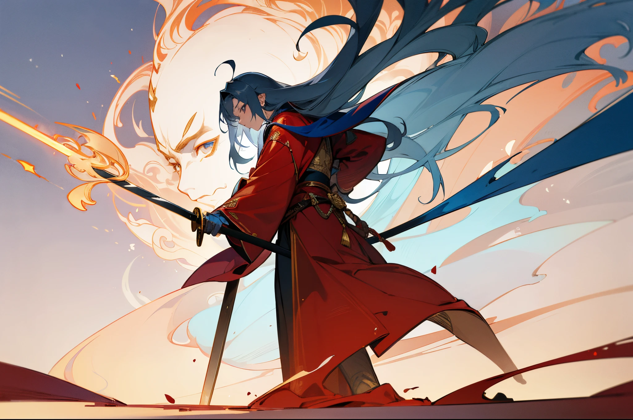 blue gray gradient hair,A teenager,male people,Taoist,Handsome,Red robe,Detail of golden armor,Lazy,Standing on the ground,The sky is full of detailed talismans,Holding a mahogany sword,Messy waist-length hair,dingdall effect