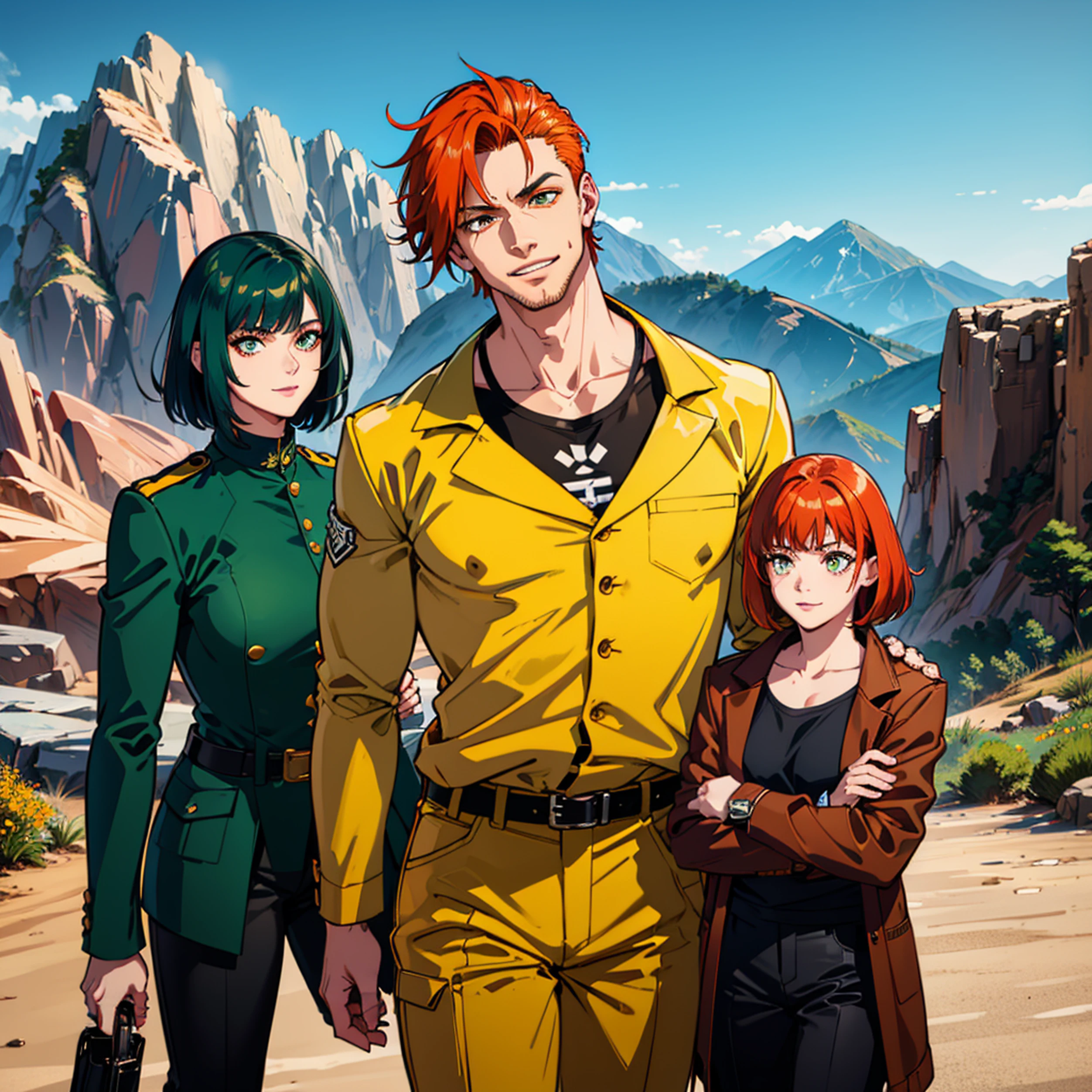 Muscular man, defined body, gold rings on all fingers, light blue colored gangster jacket, black shirt underneath jacket, long army pants of green color, military boots of brown color, evil smile, spiky orange hair, messy hair, short hair, yellow colored eyes, desert scenery with great mountains, scenery with monsters around.