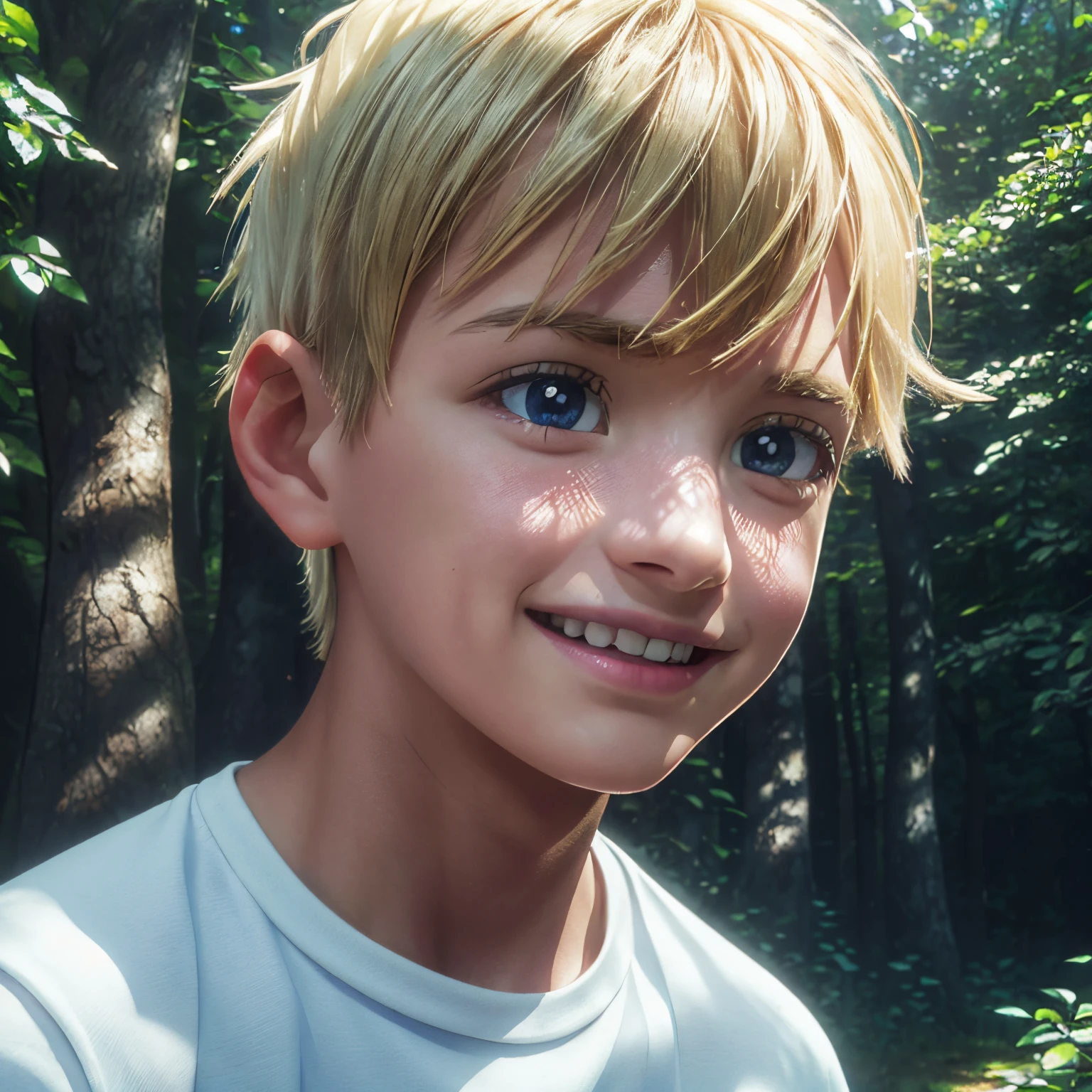 adventurous boy,blond 's drawing style,white shirt,denim shorts,forest landscape in the background,(best quality,4k,8k,highres,masterpiece:1.2),ultra-detailed,(realistic,photorealistic,photo-realistic:1.37),vibrant colors,portraits,detailed eyes,long eyelashes,cheerful smile,energetic pose,carefree expression,warm sunlight,playful atmosphere,bright and lively,joyful adventure,green foliage,tall trees,clear blue sky,scattered sunrays,dappled light and shade