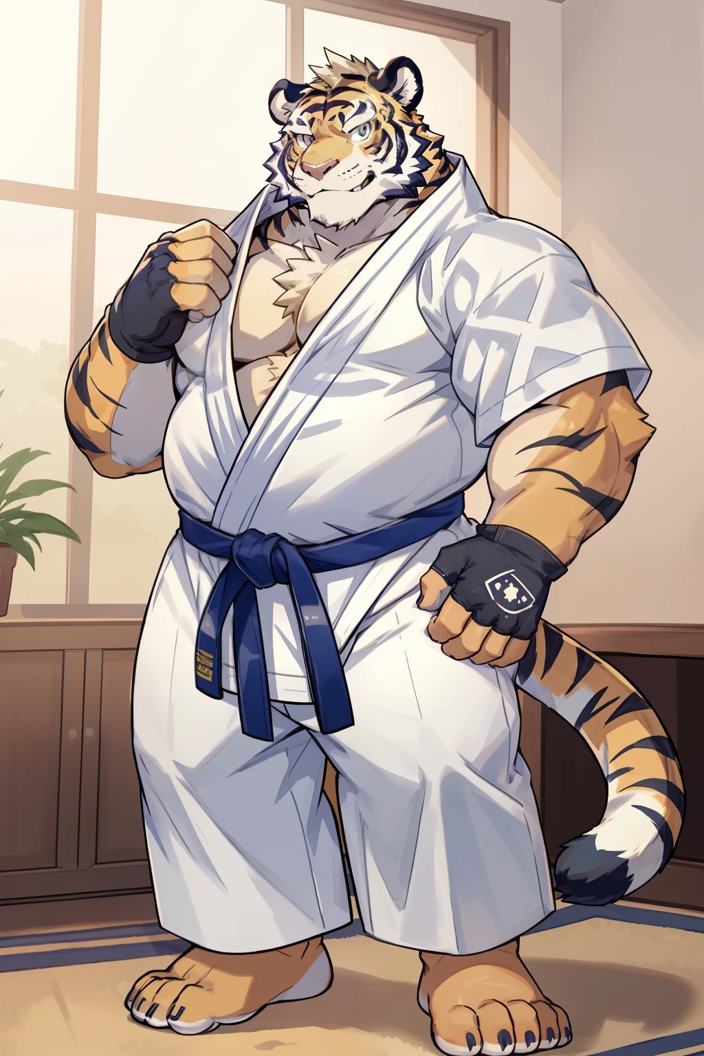 ((1boy solo, tiger)), (chubby:1.5, bara:1.5, stocky:1.2), ((white judo gi, long pants, fingerless gloves, buzz cut)), ((dougi)), barefoot, full body shot, ((cool, cute, awesome)), (chubby_face:0.8)