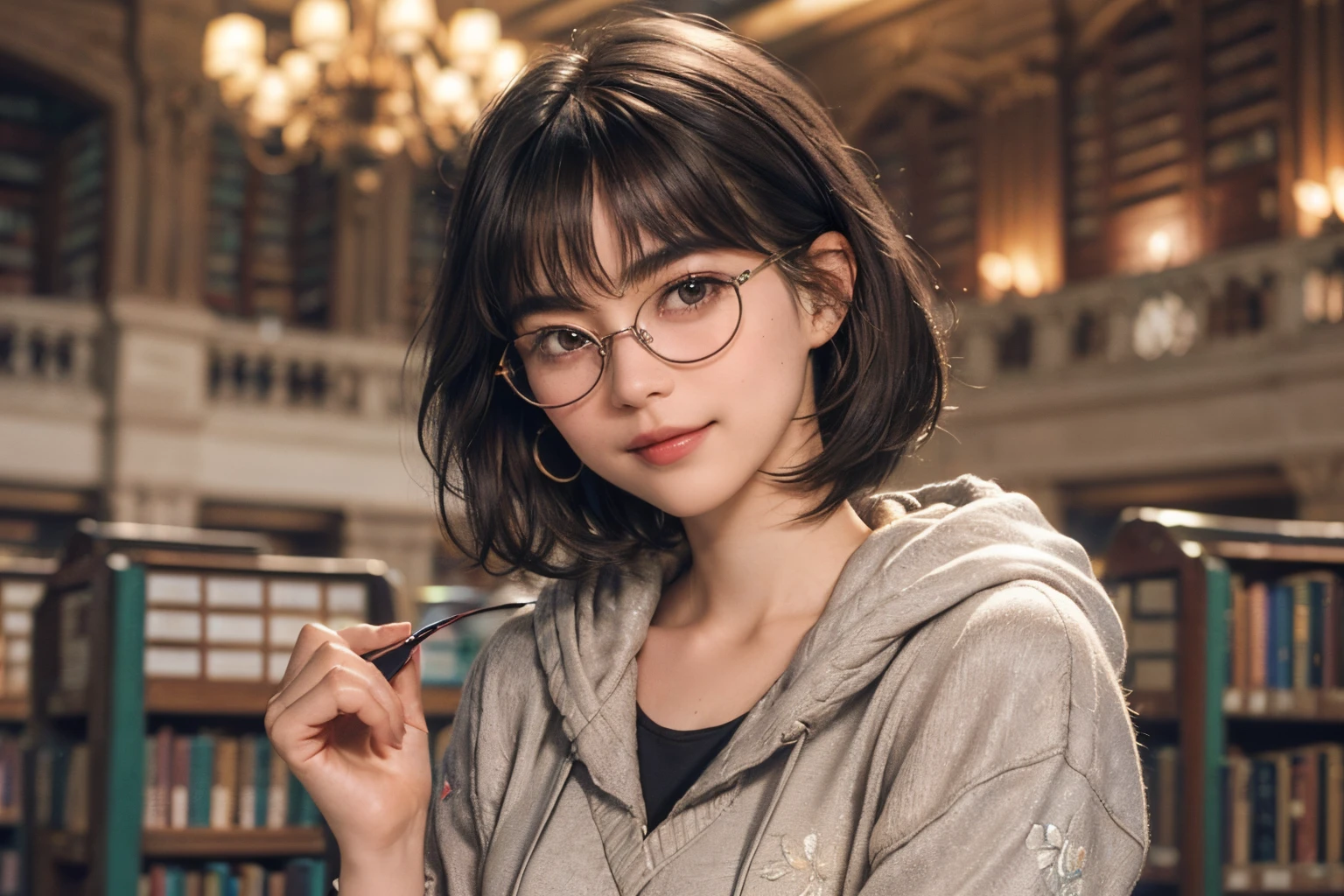 136
(a 20 yo woman,i'i'i'I'm in a dark library), (A hyper-realistic), (high-level image quality), ((beautiful hairstyle 46)), ((short-hair:1.46)), (Gentle smile), (breasted:1.46), (lipsticks), (wears glasses,wide,atlibrary), (florals), (wearing hoodies)