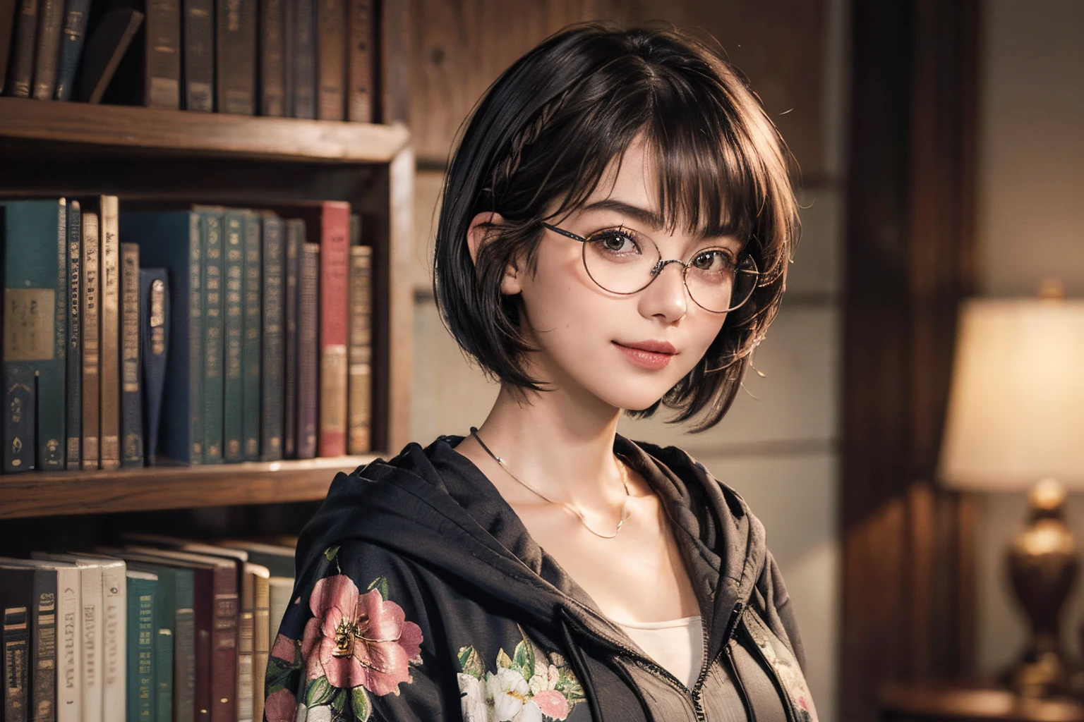 136
(a 20 yo woman,i'i'i'I'm in a dark library), (A hyper-realistic), (high-level image quality), ((beautiful hairstyle 46)), ((short-hair:1.46)), (Gentle smile), (breasted:1.46), (lipsticks), (wears glasses,wide,atlibrary), (florals), (wearing hoodies)