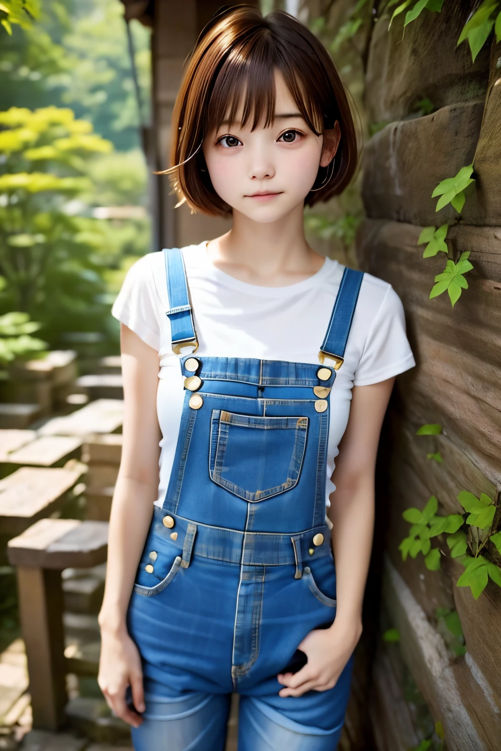 1girl in, Breathtaking cuteness, face perfect,, Japanese,ars, A sexy, ciinematic light, short-haired, small tits、Ultra small size 、Wearing overalls、Stonewash、((Climb on top of the person watching you))