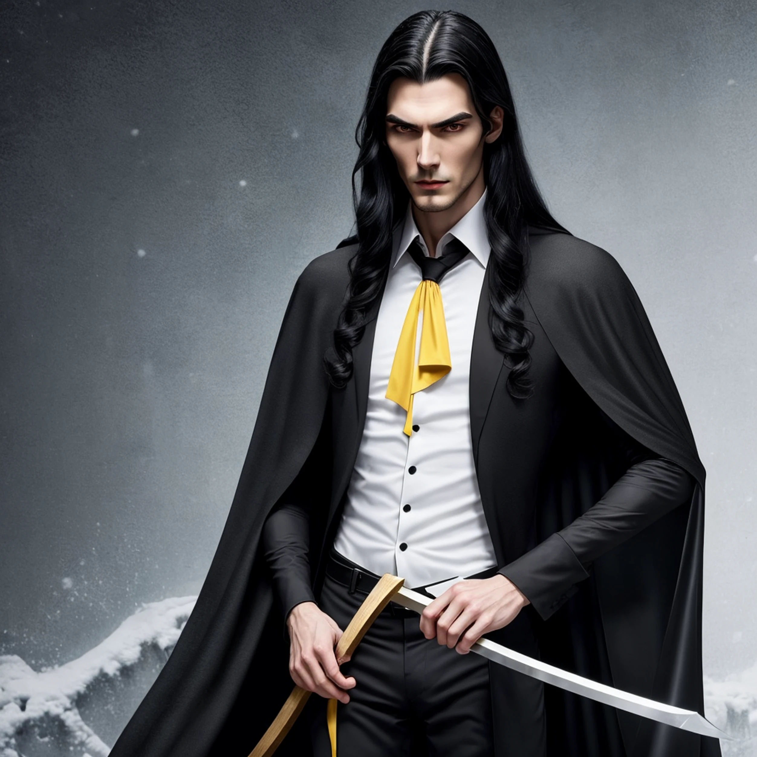 A young tall thin man with a handsome face with perfect thin features, long black hair, yellow eyes, beautiful black eyebrows, a vampire, a thoughtful expression on his face, in a snow-white shirt and a black cape, a dagger in his hand