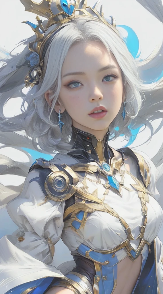 Best AI Image Generation Creator、1 beautiful girl、large round eyes、Solo、full body Esbian、Realistic,Lips,masutepiece,Best Quality,Good anatomy，Skin Texture、planets in the background、Smaller chest、white  hair、robe blanche、Fantasy Art Style, palatial palace 、 Azure. detailed hairs, beautiful fantasy art portrait, 4K highly detailed digital art, beautiful fantasy queen, The artwork, ((beautiful fantasy queen)), 8k high quality detailed art, Beautiful Anime Portrait、Fractal art、Interdimensional space、side lights