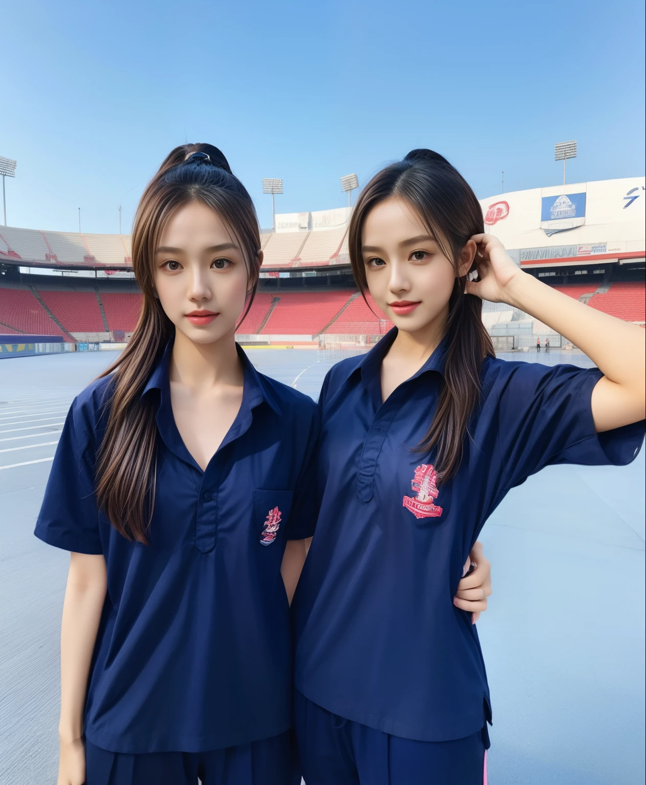 (bestquality,10,10,highres,masterpiece:1.2),ultra-detail,(Realistic,photorealistic portrait,photo-realistic:1.37),1 Cute girl in the football field,oily shiny skin,bara,light smile,BDclothelue shirt:1.3)),short sleeves,shirt, trousers.,(navy_long_Pants Track:1.1), ((Stadium Background:1.3)),dynamic angle,excited,face focus,Dynamic Poses,from behide,Ass Focus,masterpiece, bestquality, ultra realistic, hyper-detail, 8k resolution, RAW photo, crisp focus, ((Navy blue shirt:1.1)), short sleeves, Long Path, Perfect body, 2 mature women, 18yo, cinematic light,Blue sweatpants,Gymware,Correct anatomy,Complete body, Correct body, sharp face, Anatomically correct body, full entire body, Realistic gestures, long-haired, Realistic poses,Wear long shorts...................................,Long leg span,Shapely,Sculpting Girl, Slender Figure, mannequin mannequins, Shapely, Beautiful body,Blue sweatpants, Two girls kissing