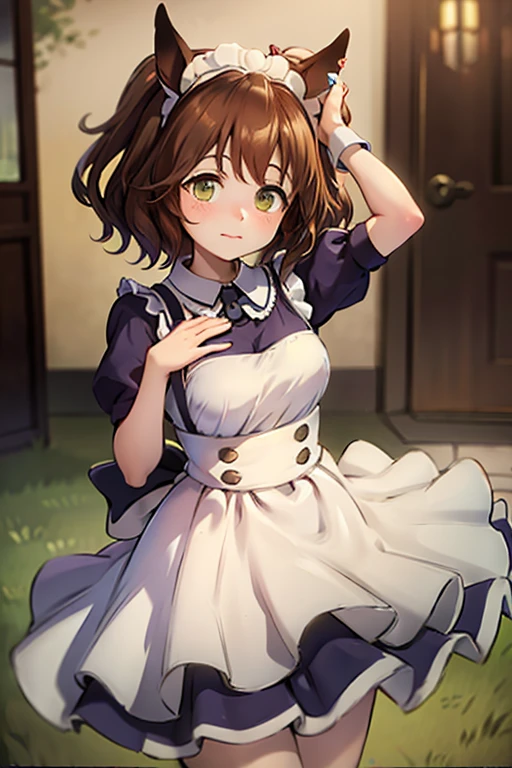 bottomless　Composition from the front　maid clothes　Lifting the skirt in front of the body with both hands　Lift up your skirt so you can see your underwear　I see underwear　　embarrassed look　Embarrassed expression