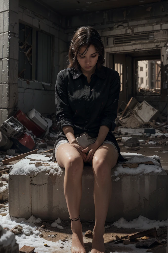 (extremely detailed CG unity 8k wallpaper),(masterpiece), (best quality), (ultra-detailed), (best illustration),(best shadow), (sharp eyeliner, eyeshadow, detailed eyes:1.1), (ruins, destruction, rubble, snow:1.2), cowboy shot, ,BREAK, FNC, (red envelope on lap, emotionless, tears, ptsd, torn clothes, damaged, dirty, on knees:1.1),