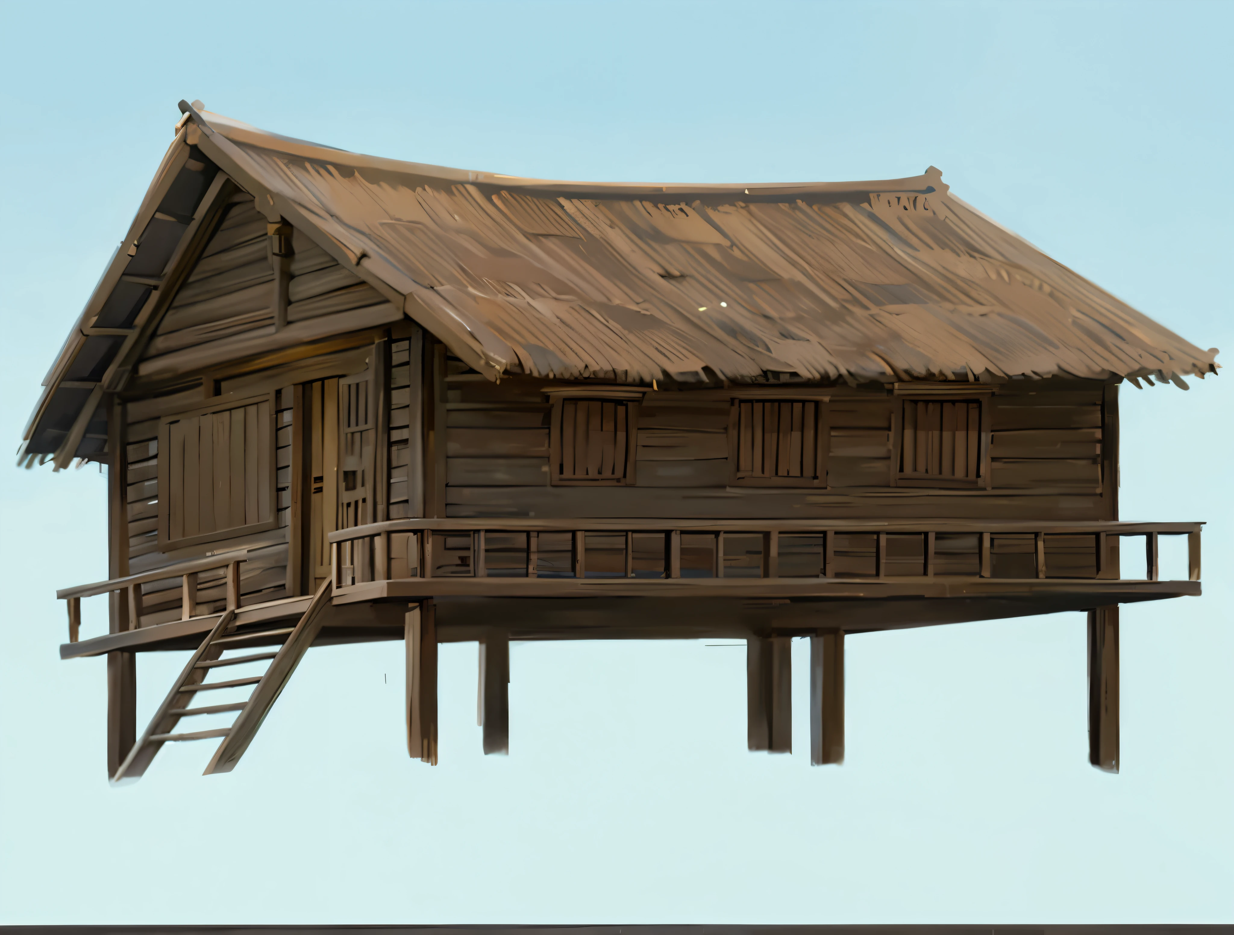 ghibli art style, stilt house, wooden house, stairs, daytime,