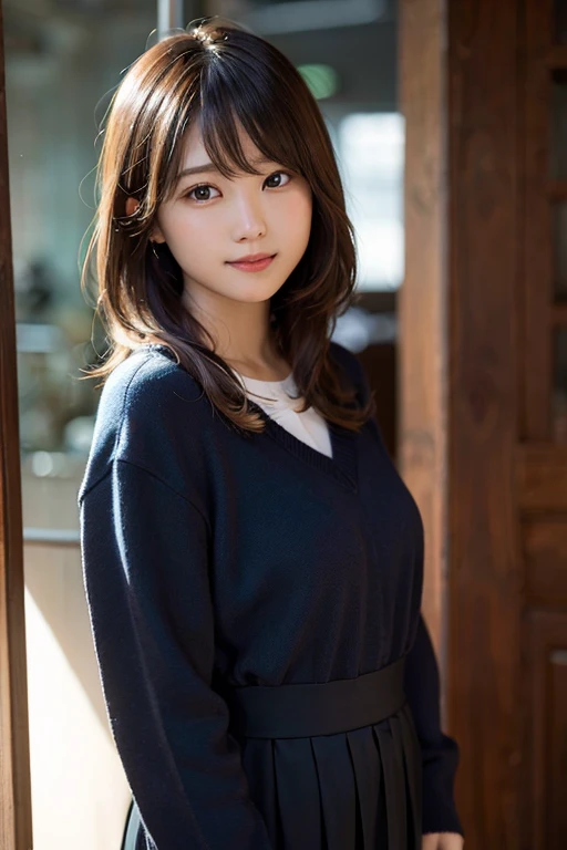 (8k、RAW Photography、top-quality、​masterpiece:1.2)、(realisitic、Photorealsitic:1.37)、ultra-detailliert、超A high resolution、女の子1人、see the beholder、beautifull detailed face、a smile、Constriction、(slim waist) :1.3)、Beautiful detailed skin、Skin texture、floated hair、profetional lighting、校服