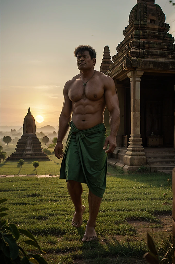 Green Hulk walking in the ancient Bagan city, hyper realistic, sunset, detailed, temples in Bagan, cinematic,