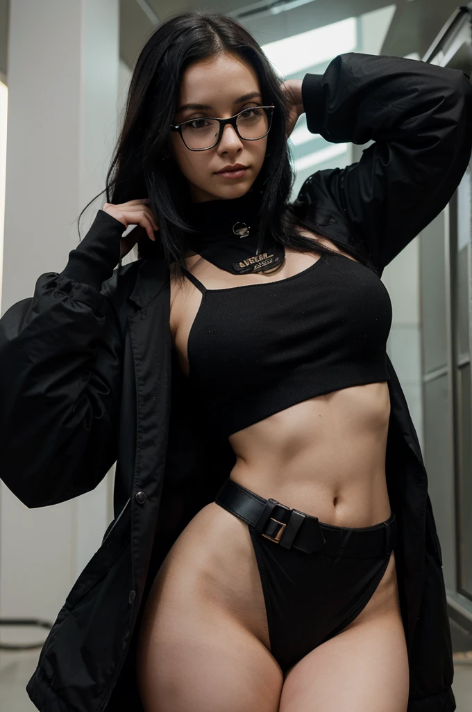 (masterpiece, best quality), 1girls, black hair, glasses, cyberpunk, solo, waist-high, sexy appearance