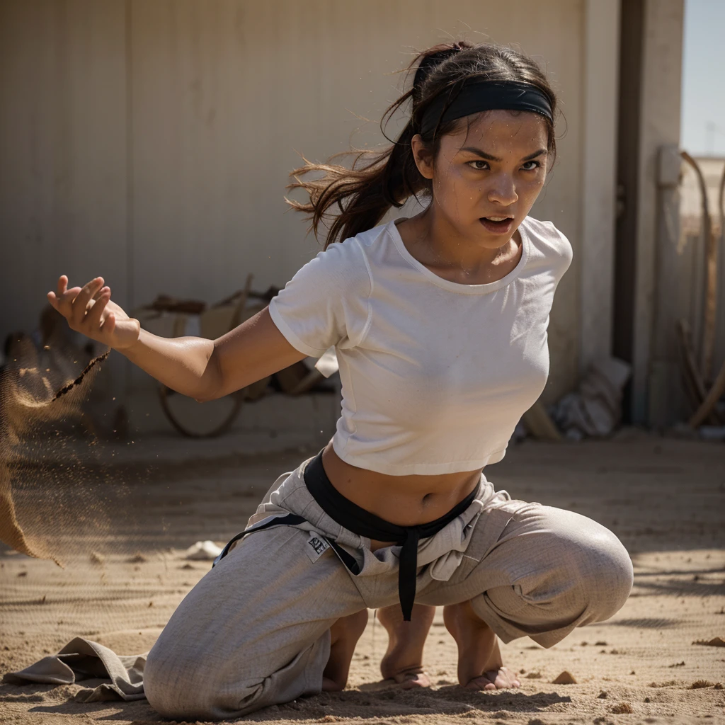A young woman wearing a headband, practicing martial arts moves, angry facial expression, feet on the ground, dust scattering effect, sweaty face, full effect, sweat effect