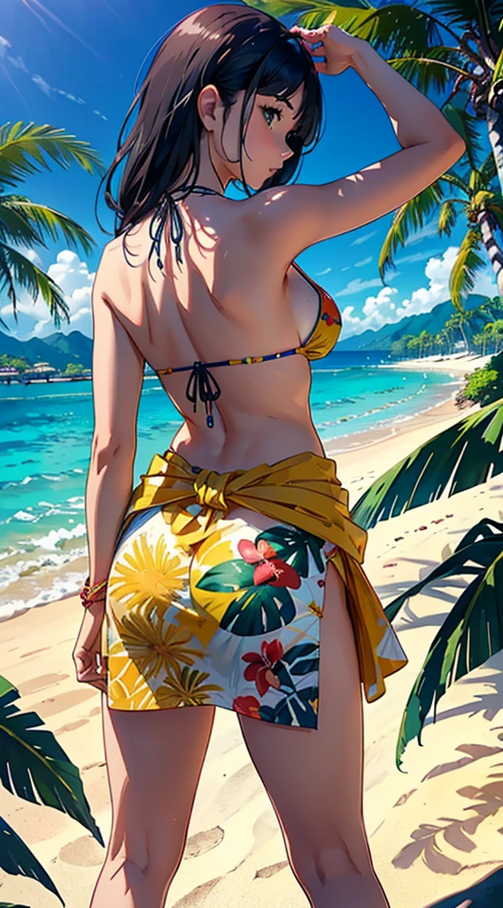 ​masterpiece、top-quality、超A high resolution、 [ 4 k digital art ]!!、 8k high quality detailed art、Wallpaper、 Detailed Digital Anime Art、Realisticity、Cinema Angle、hposing Gravure Idol、(((One Woman)))、((Full body portrait of a beautiful woman from behind))、(((Don't look here)))、年轻、Bikini swimwear、(Ethnic patterns and primary colors wrapped around the waist and skirt)、Photorealistic perfect body、(((Beautiful tropical beach landscape photography)))、light Particle、llight rays、Tropical、Against the background of palm trees、on a sunny beach、Against the background of the sea、blur backgroun、