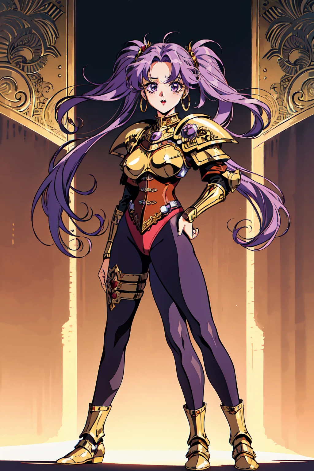 "(masterpiece:1.1), best quality,
1girl, (80s anime style:1.3), (eyelashes:1.5), (li:1.2),
(intricate high detailed body:1.2),
(purple hair:1.1), (forehead, parted bangs, hairclip:1.1), (twintails, wavy hair:1.1), (hair ornament:1.2),
brown eyes, (red lip stick:1.3),
(large breasts:1.1),
(expressionless:1.2), open mouth,
(golden embroidery leotard armor, corset:1.2), (pantyhose:1.2),
(knight armor, armored boots:1.2), (suspenders:1.1), (hoop earrings:1.1), hand cuffs,
standing, hand on hip,
(dynamic pose:1.1), (full body, looking at viewer, from front:1.1),
(simple white background:1.2)"