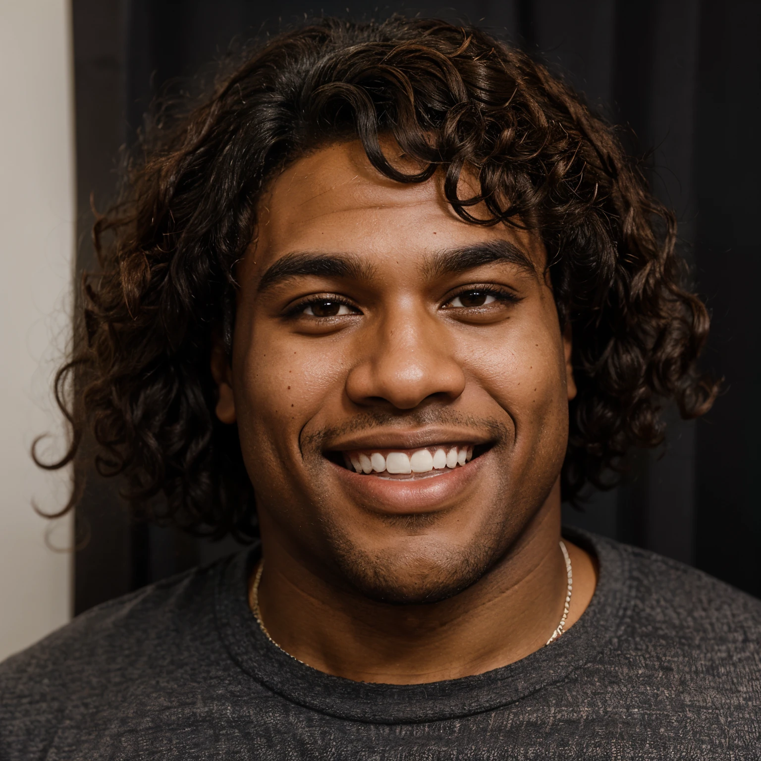 Okay so big bulky black man with straight white teeth and brown eyes and curly hair