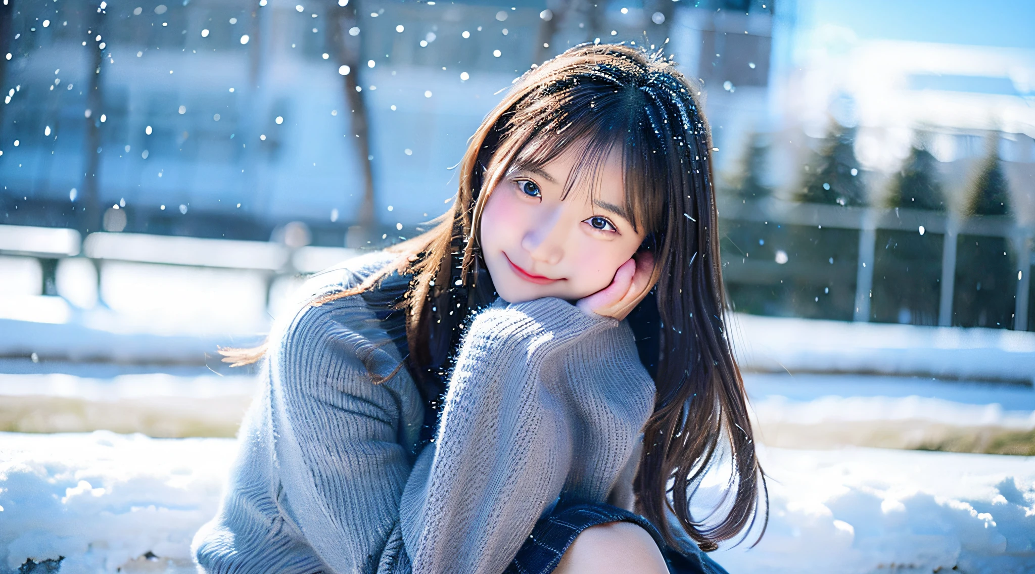 High School Girl, 18 years old, Wearing a gray miniskirt、Snow in the background
