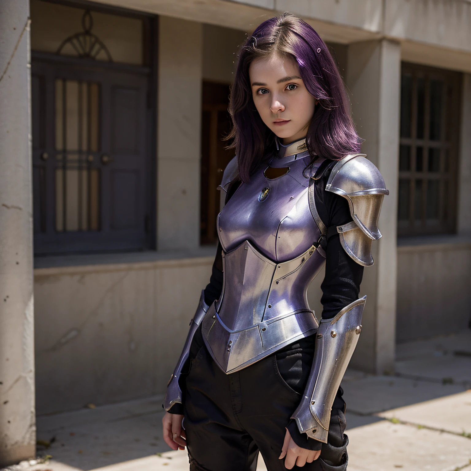 fille de 18 ans,pale skinned,maigre,mignon,Chiffre de sablier,(cheveux:court,pourpre,messy),stoic,(Clothes:paladin armor)