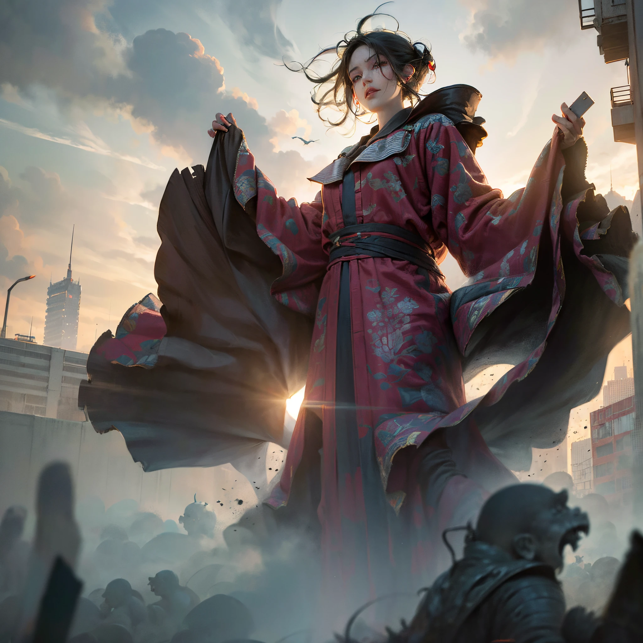 (best quality,4k,8k,highres,masterpiece:1.2),ultra-detailed,(realistic,photorealistic,photo-realistic:1.37),godzilla,monster,destroyed city,devastation,chaos,skyscrapers in ruins,fire and smoke,burning buildings,evacuation,panicked crowd,city in turmoil,crumbling infrastructure,dust and debris,cracked pavement,uprooted trees,crushed cars,blazing inferno,cityscape in ruins,damage everywhere,havoc,dystopia,menacing presence,scary,terrified people in the streets,desolation,apocalypse,mass destruction,demolition,powerful roar,fierce battles,immense size,roaming freely,unstoppable force,dark clouds,city devastated by a colossal creature,monstrous rampage,unleashed power,confrontation with military forces,iconic movie monster,horror,devouring buildings,pandemonium,menace,rubble and wreckage,destruction on an epic scale,dramatic scene,unleashing chaos and mayhem in Tokyo,cataclysmic,monster's wrath,destructive path,unimaginable power,terrifying sight,city in ruins.