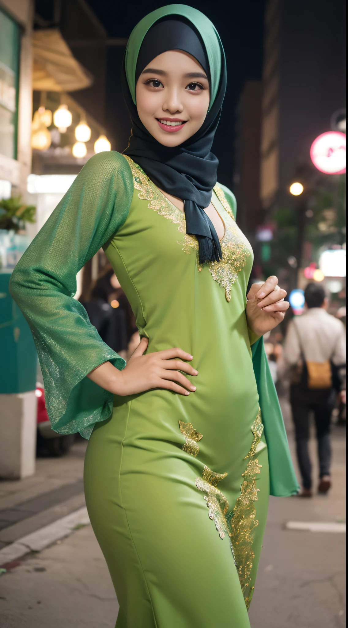 Cute malay girl in hijab wearing bright green baju kurung with seducing pose, big smile, laughing, happy, big front teeth, bustling nighttime city, wearing hijab, bright golden color hijab, small tits, small breast, flat chest, wide waist, thick thighs bright lighting, big round ass, cute face, slim abs, 35mm lens, Extreme close-up, pastel color grading, depth of field cinematography effect, romantic film genre, 8k resolution, high quality, ultra detail,