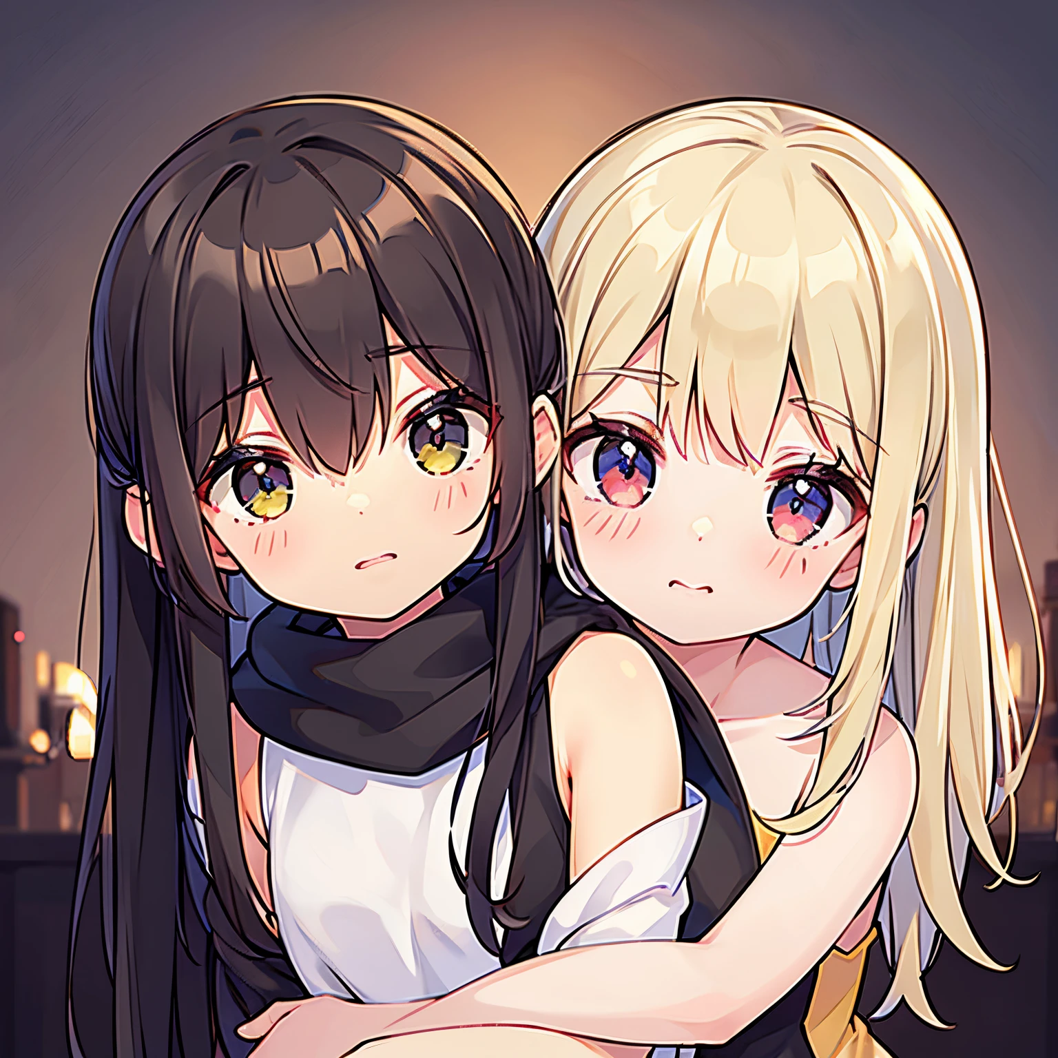 1girl with dark brown medium length hair hugging 1male with short blonde hair