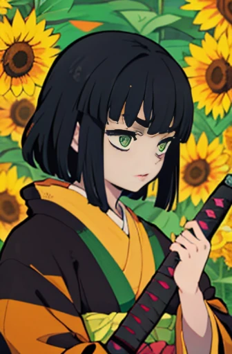a girl with black hair green eyes is brown, with Kimono Sunflower Demon Slayer Cloak with a katana