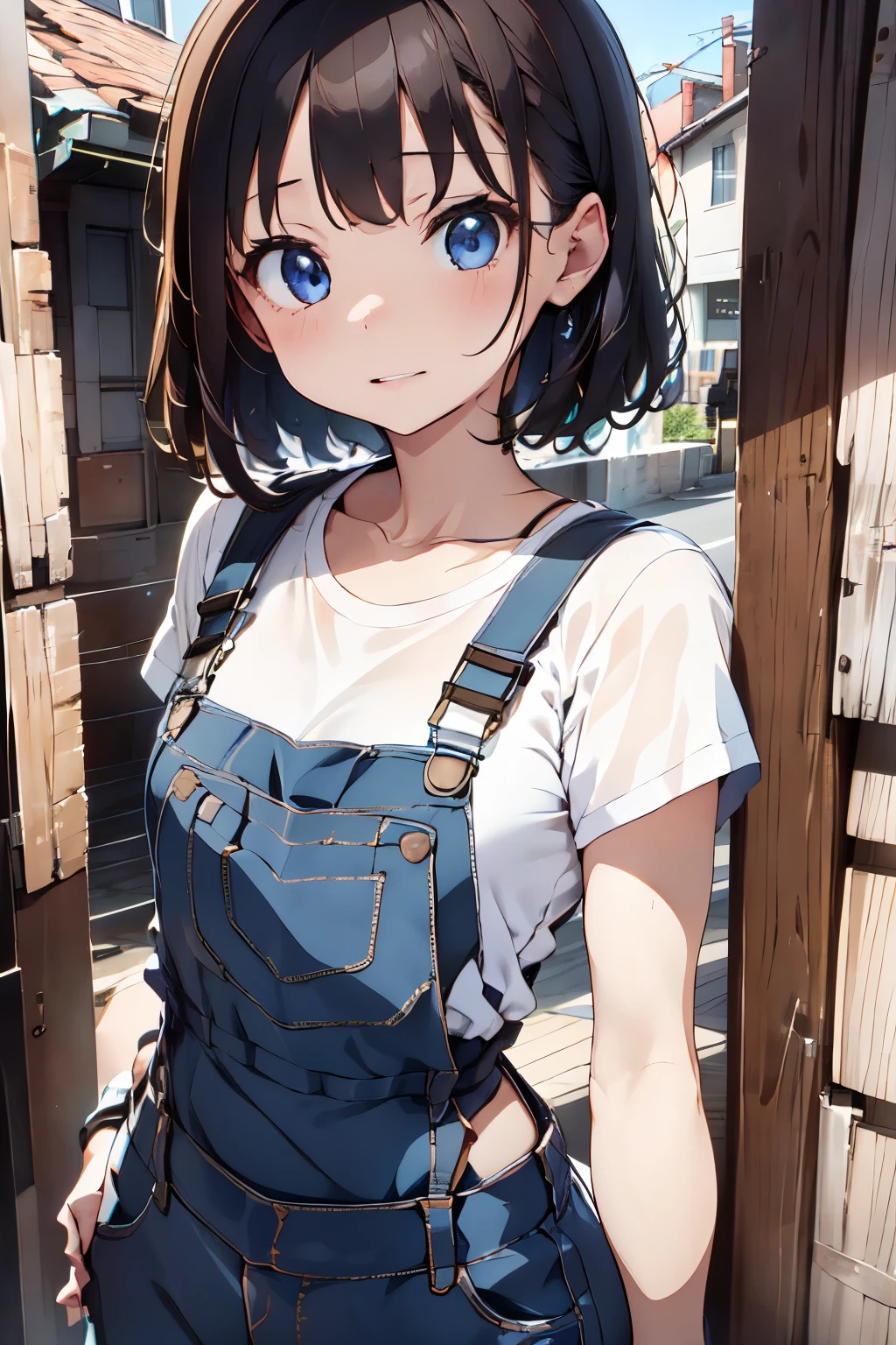 1girl in, Breathtaking cuteness, face perfect,, Japanese,14years, A sexy, ciinematic light, short-haired, small tits、Ultra small size 、Wearing overalls、Stonewash、((Climb on top of the person watching you))