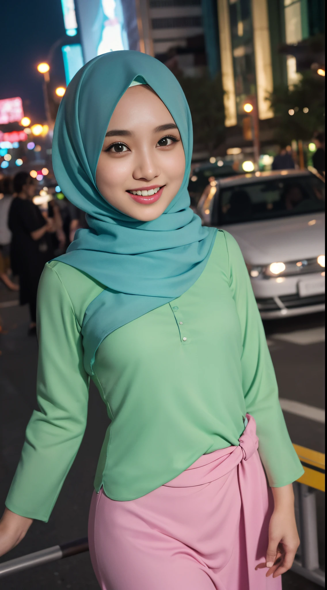 Cute malay girl in hijab wearing bright green baju kurung with seducing pose, big smile, laughing, happy, big front teeth, bustling nighttime city, wearing hijab, bright golden color hijab, small tits, small breast, flat chest, wide waist, thick thighs bright lighting, big round ass, cute face, slim abs, 35mm lens, Extreme close-up, pastel color grading, depth of field cinematography effect, romantic film genre, 8k resolution, high quality, ultra detail,