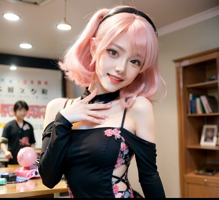 anime - style image of a woman in a black dress and a pink wig, anime girl in real life, anime girl , good smile company anime style, seductive anime girl, anime barbie doll, attractive anime girl, cute girl with short pink hair, anime , junko enoshima from danganronpa, pink twintail hair and cyan eyes