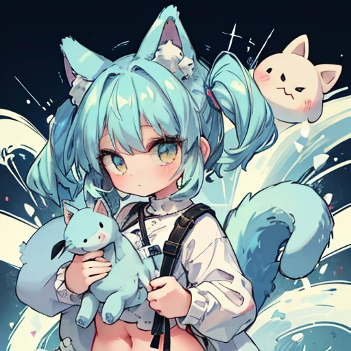 girl with,fullnude,a short bob,lightblue hair,Nekomimi