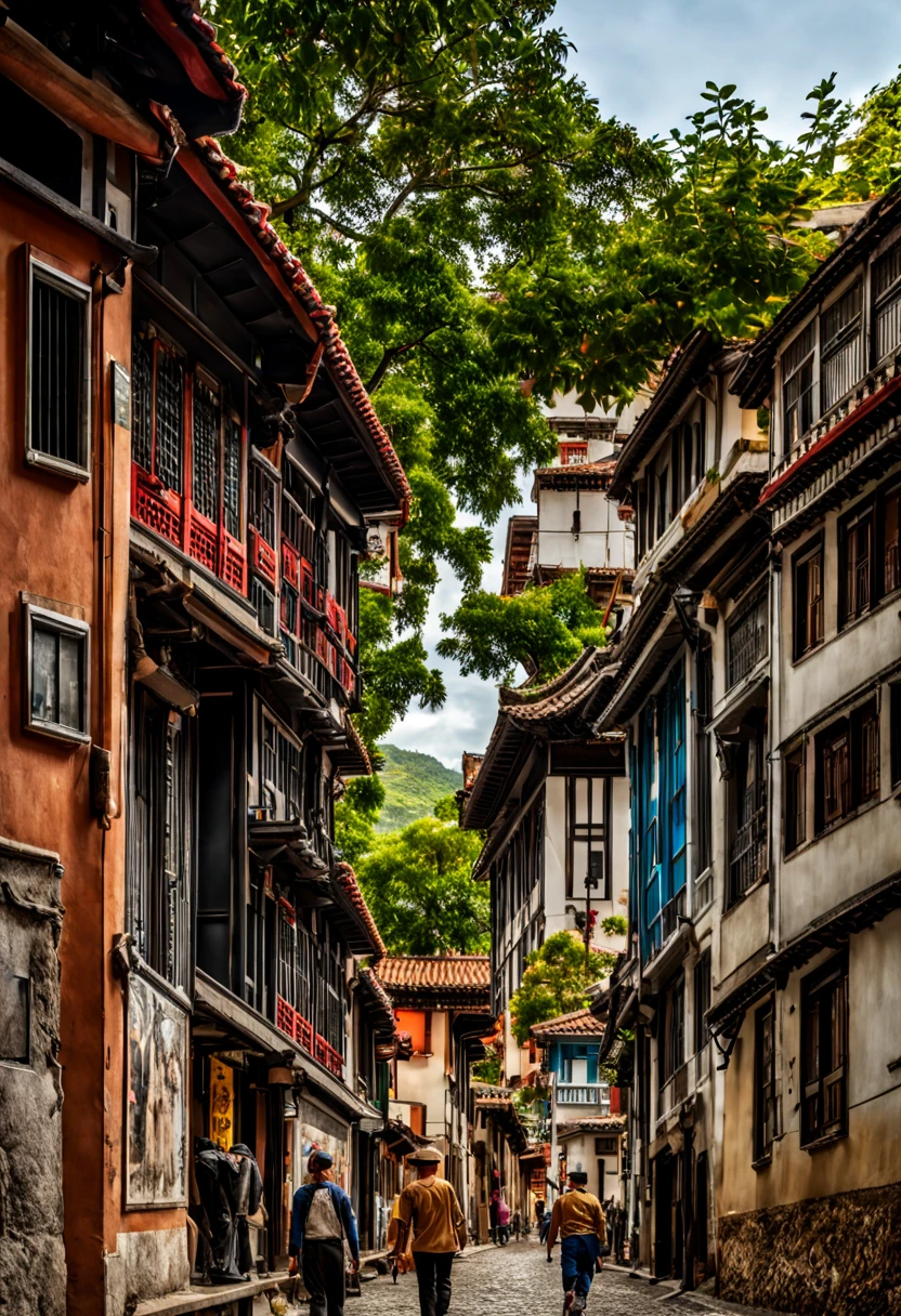 There was a man walking down the street leading a horse and carriage, Portrait of Ni Yuanlu, pix, artistic décor, Neat and dense buildings, guangjian, like jiufen, ancient city streets behind her, colonial street, Ancient building, ancient city, ancient buildings, Photos of city streets, street level view, whitewashed building