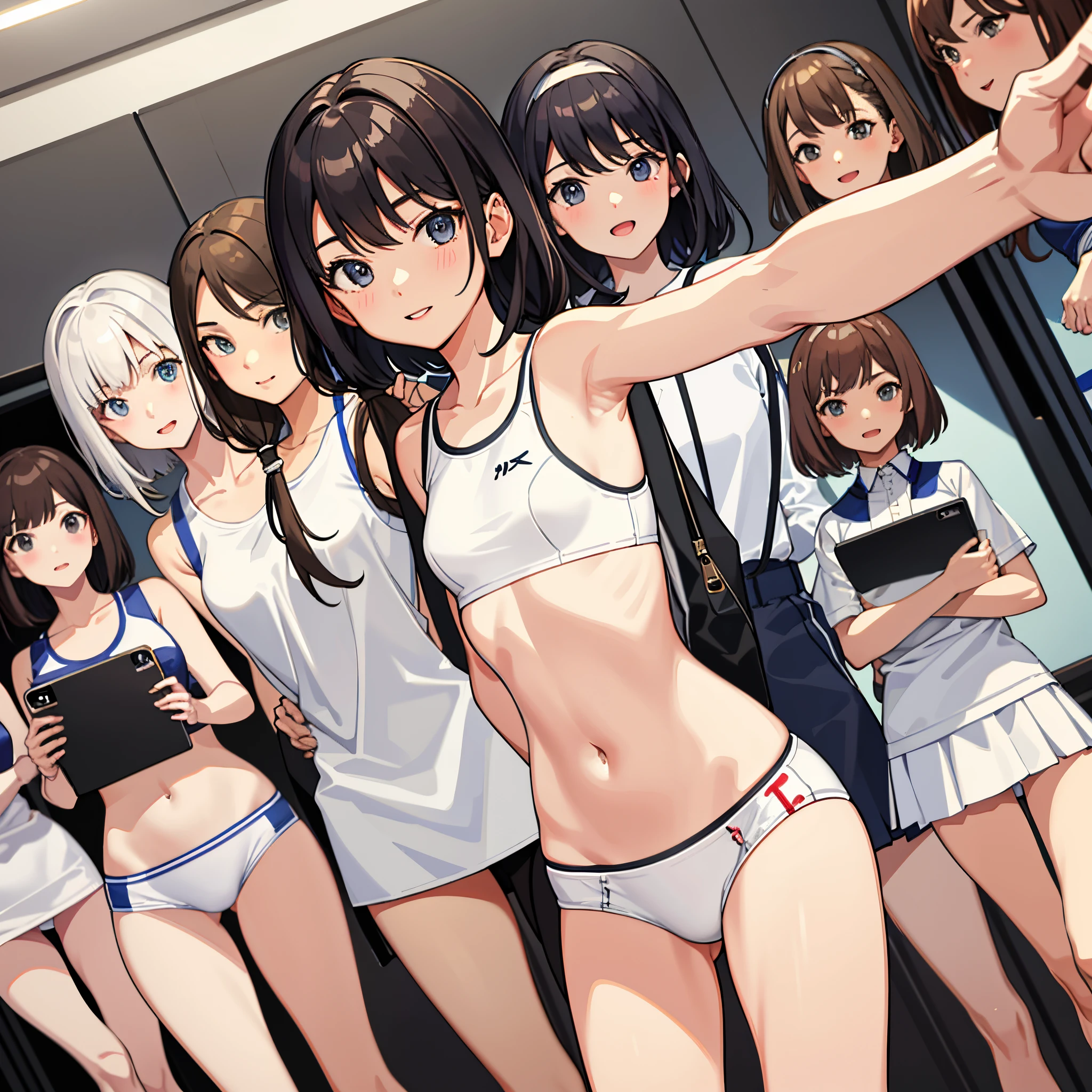 (masterpeace, high quality), multiple girls, petite, 14yo schoolgirls, slim, flat chest, gym locker room, (white panties), white sports bra, (group selfie), wide angle, soft light
