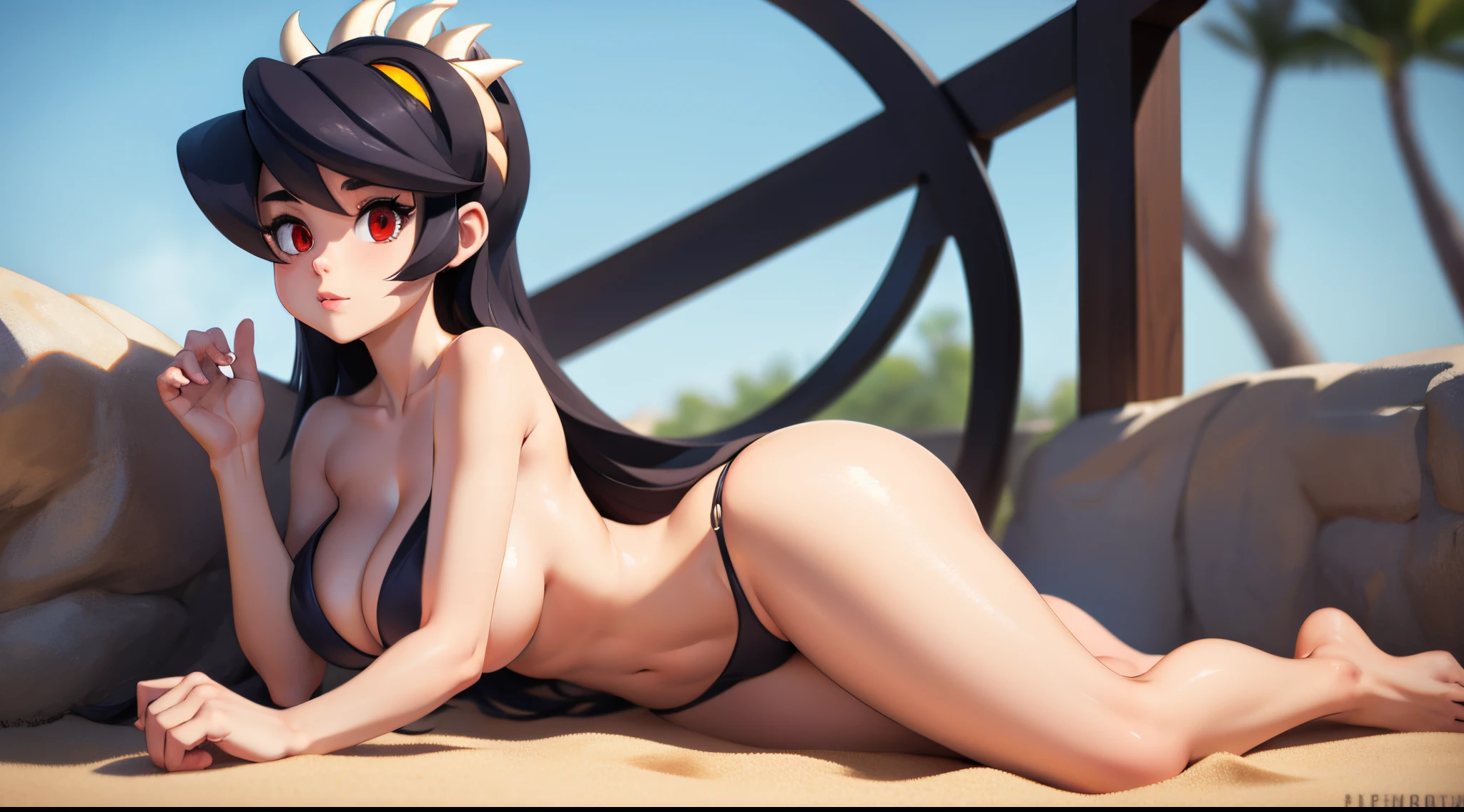 Filia, erotic pose, lying in the sand, full body, naked body, long hair, huge and detailed eyes, big boobs, tiny waist, wide hips, big ass, opened legs, beautiful lady hands, long legs, covering her nakedness with her hands.