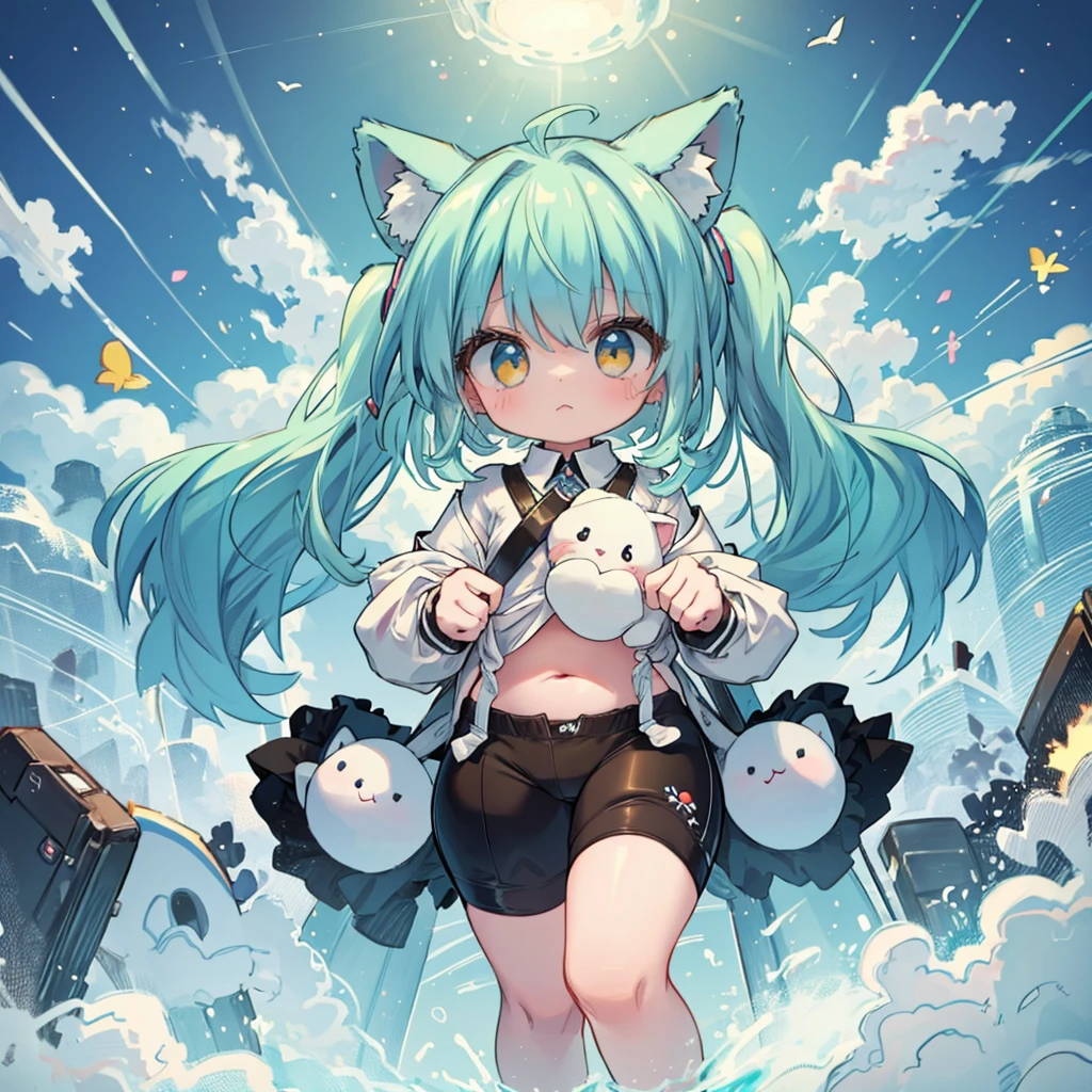masterpiece, highest quality, solo, A young but chubby toddler girl with light blue curls cascading onto her back - of course with matching blue cat ears and a fluffy tail. Big Brown eyes. Wearing diaper. Baby. Background is cutesy. Holding a stuffed animal.