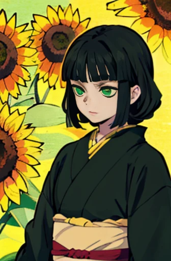 a girl with black hair and green eyes is brown, com capa Kimono Sunflower Demon Slayer com uma katana com um rosto fofo 13 anos