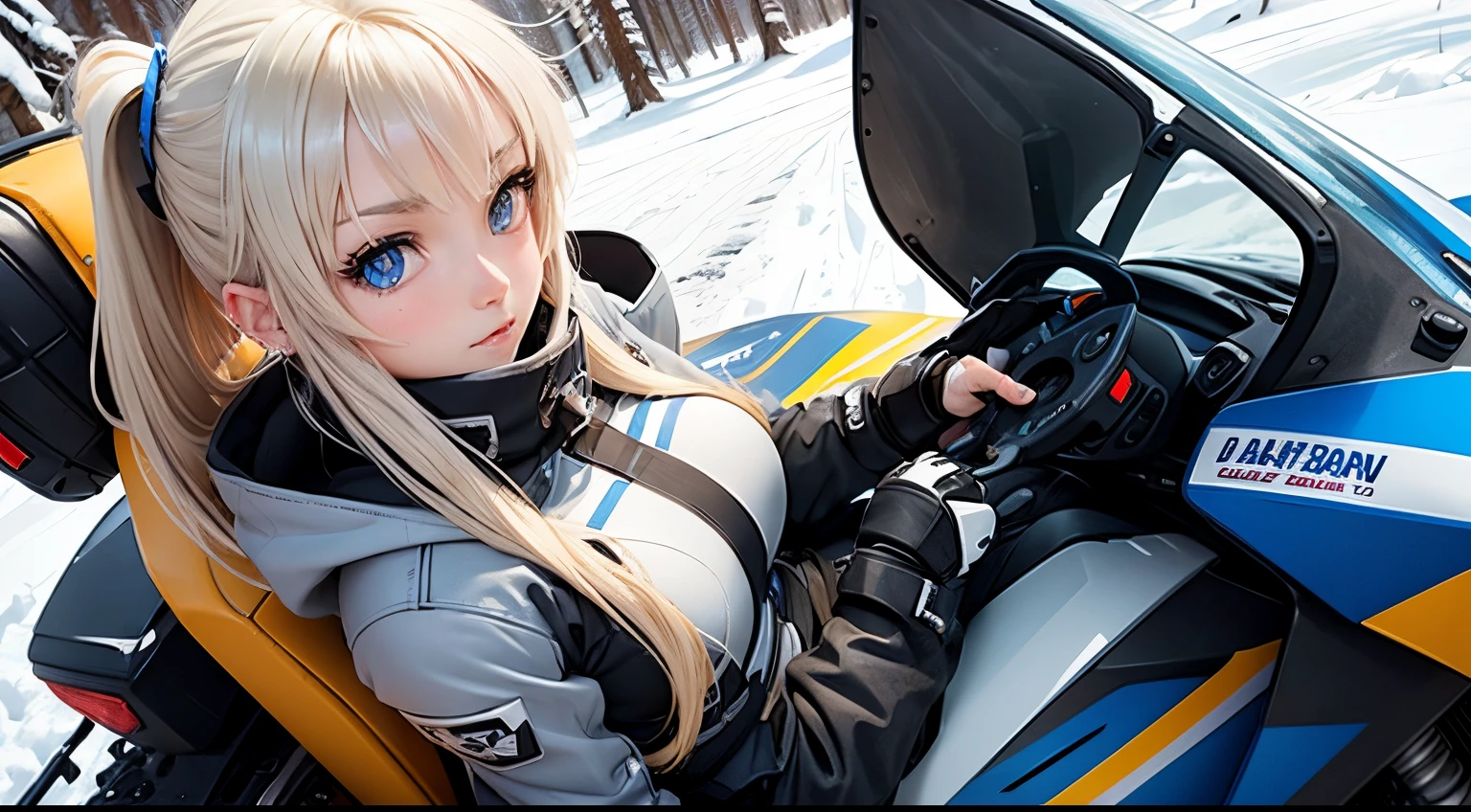 Snowmobiling Anime Girl with blue-grey eyes, blond hair