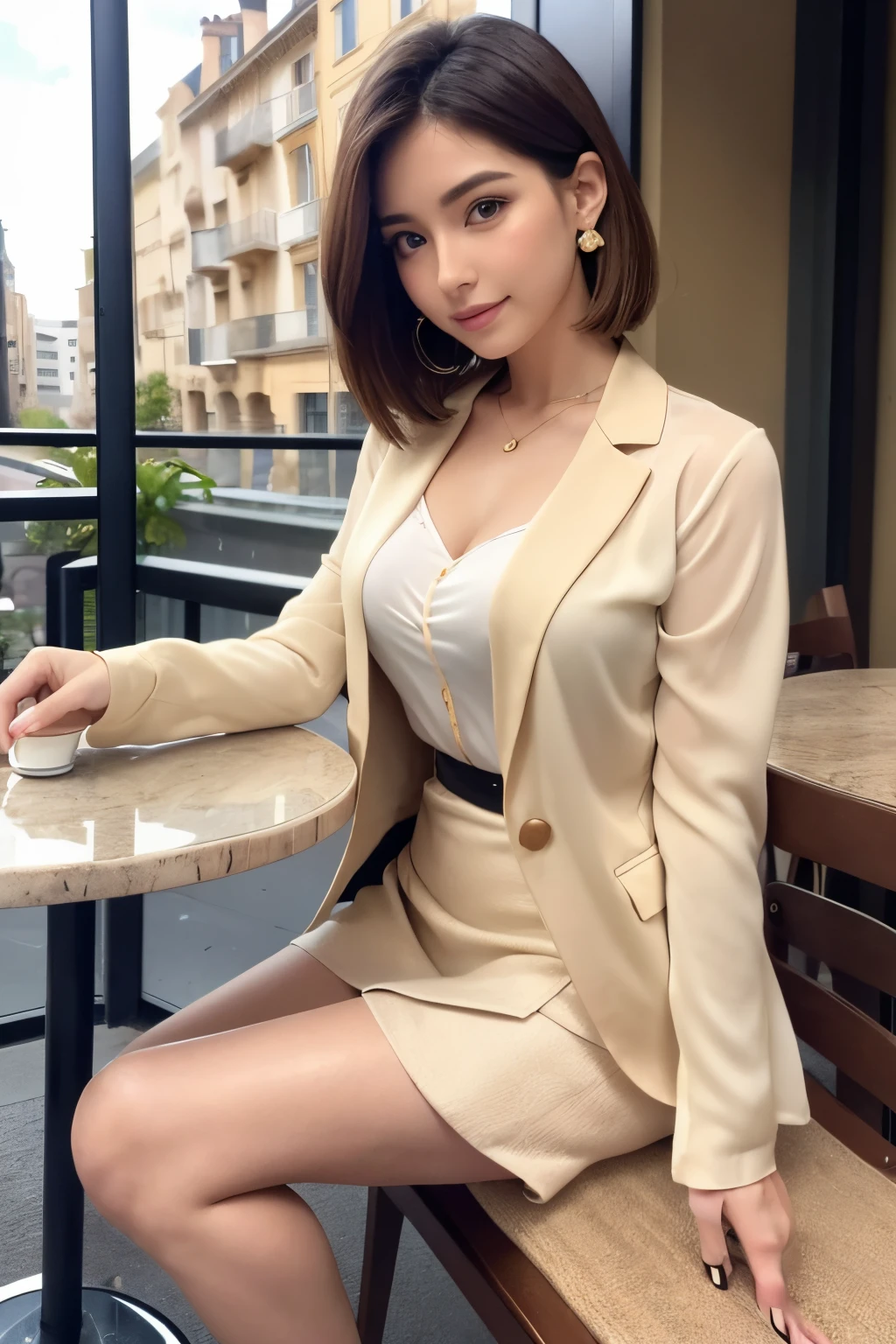 (Top resolution, Distinct_Image 1.2) 、(Beautiful girl with golden ratio face)、(very vivid eyes、earth eye 1.2)、great essentials, high detailing, Bob Hair、lipgloss、Very beautiful girl、 Solo, Beautiful girl like a model、(((Sheer blouse、Beige jacket、Beige blazer)))、(((beige tight skirt)))、(((high-heels))),(cafe terrace,Table seating,a chair)