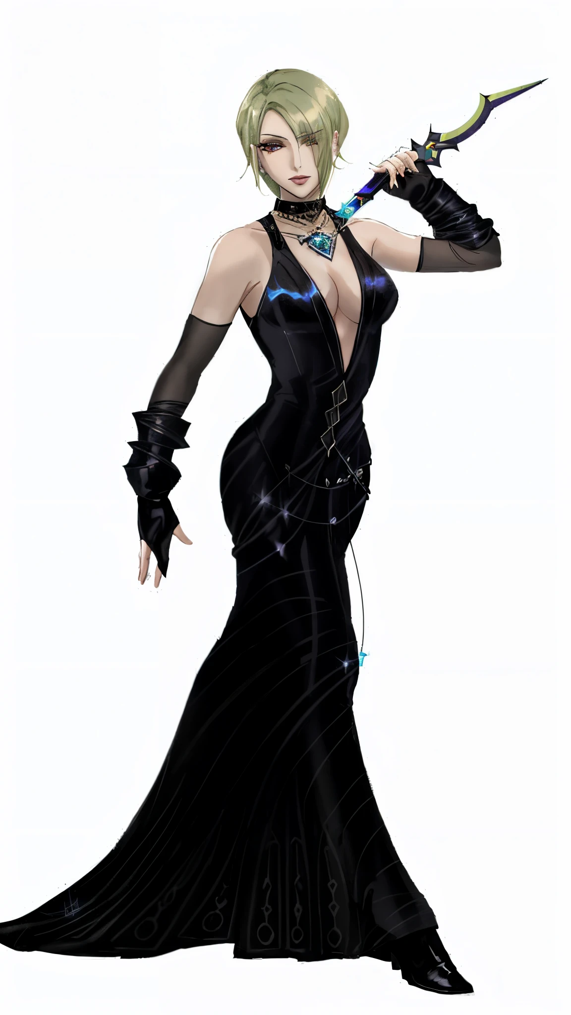 a woman in a black dress holding a dagger, dark sorceress fullbody pose, bayonetta, dark sorceress full view, glamorous jill valentine, aeon flux style, full body female, female full body, alluring mesmer woman, dark witch character, lolth, style mix of æon flux