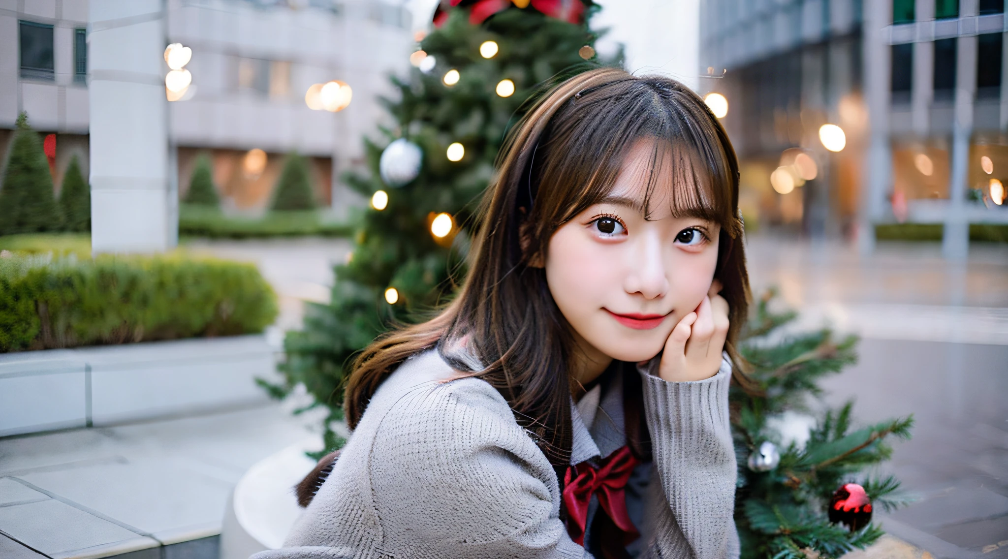 Cute high school girl, 18 years old, Wearing a gray miniskirt、Christmas tree