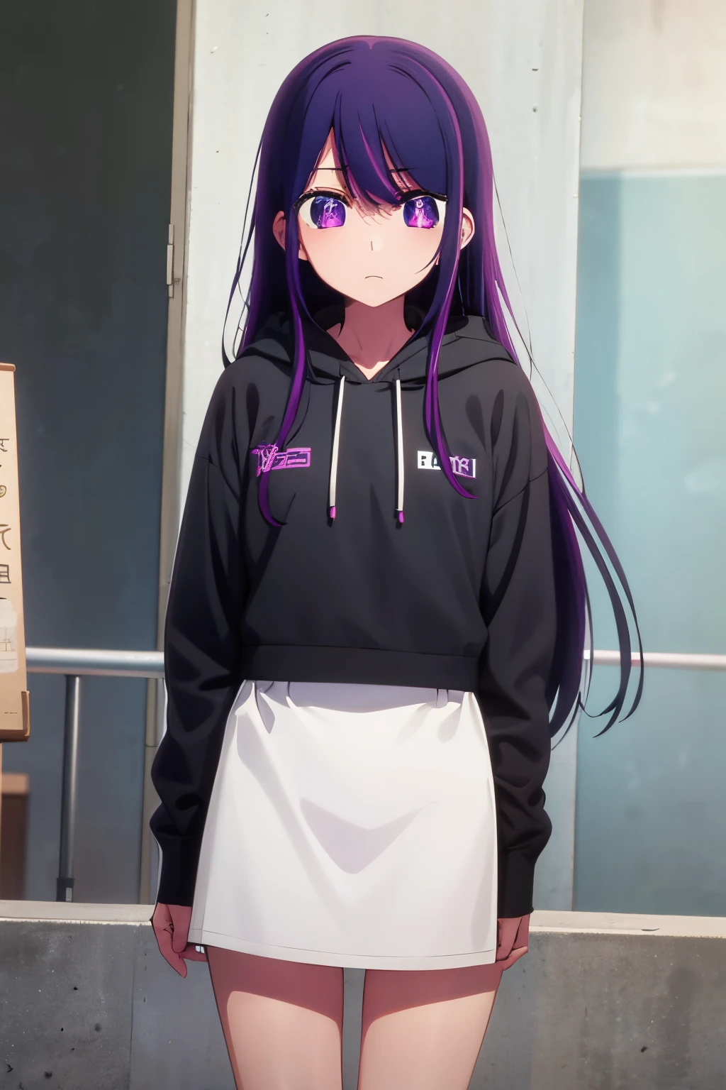 Ai Hoshino,1girl,alone, Best quality, purple hair, purple eyes, wearing a black hoodie, cute girl, Her expression is solemn, Sexy face, She has a cute expressive face, Hard chest