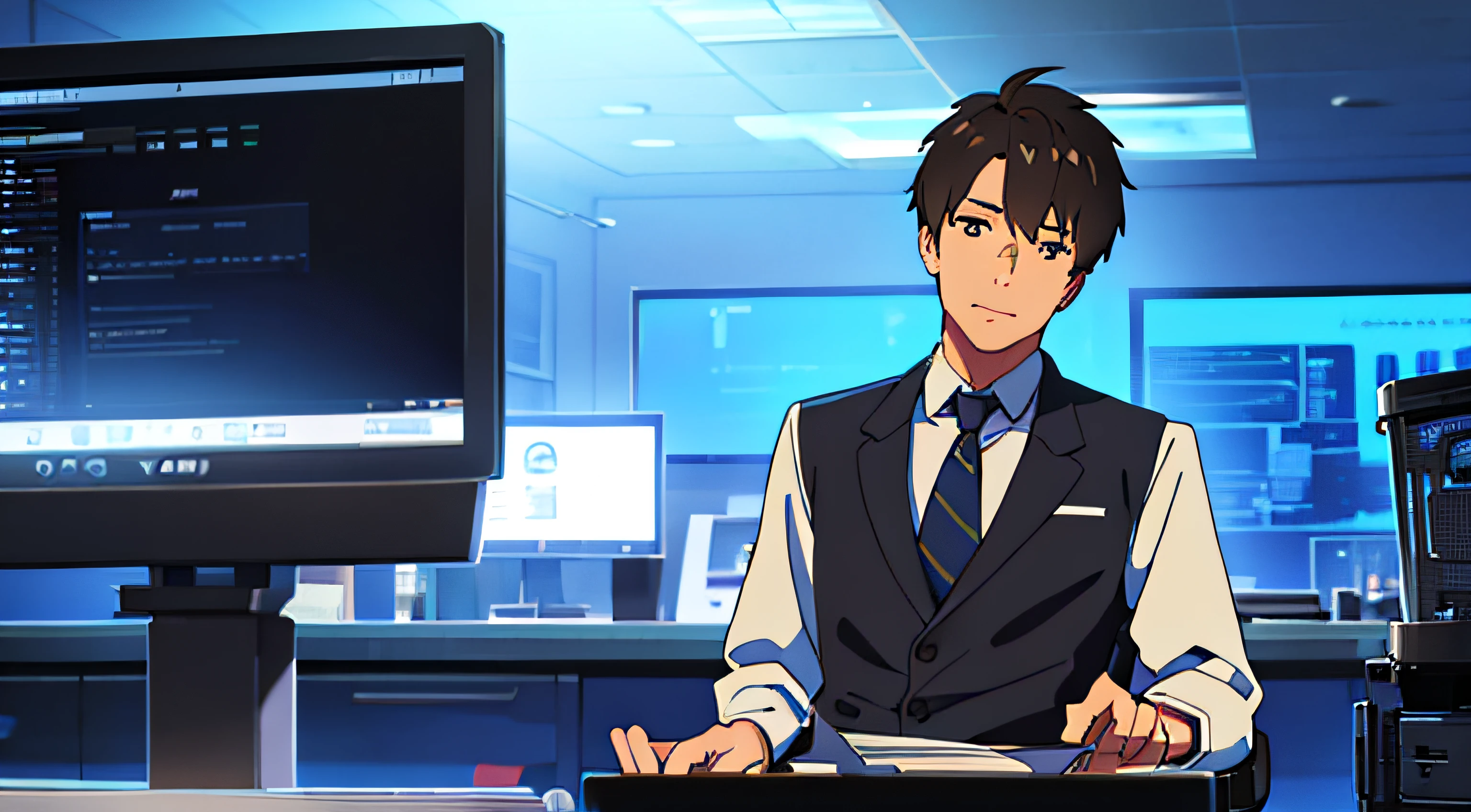 Generate an AI image of a presenter seated at his workstation. The presenter is a handsome man sitting upright, facing the camera. Emphasize his confident posture and professional demeanor. Ensure the scene conveys a sense of sophistication, with attention to details such as the workspace, lighting, and the overall charisma of the presenter