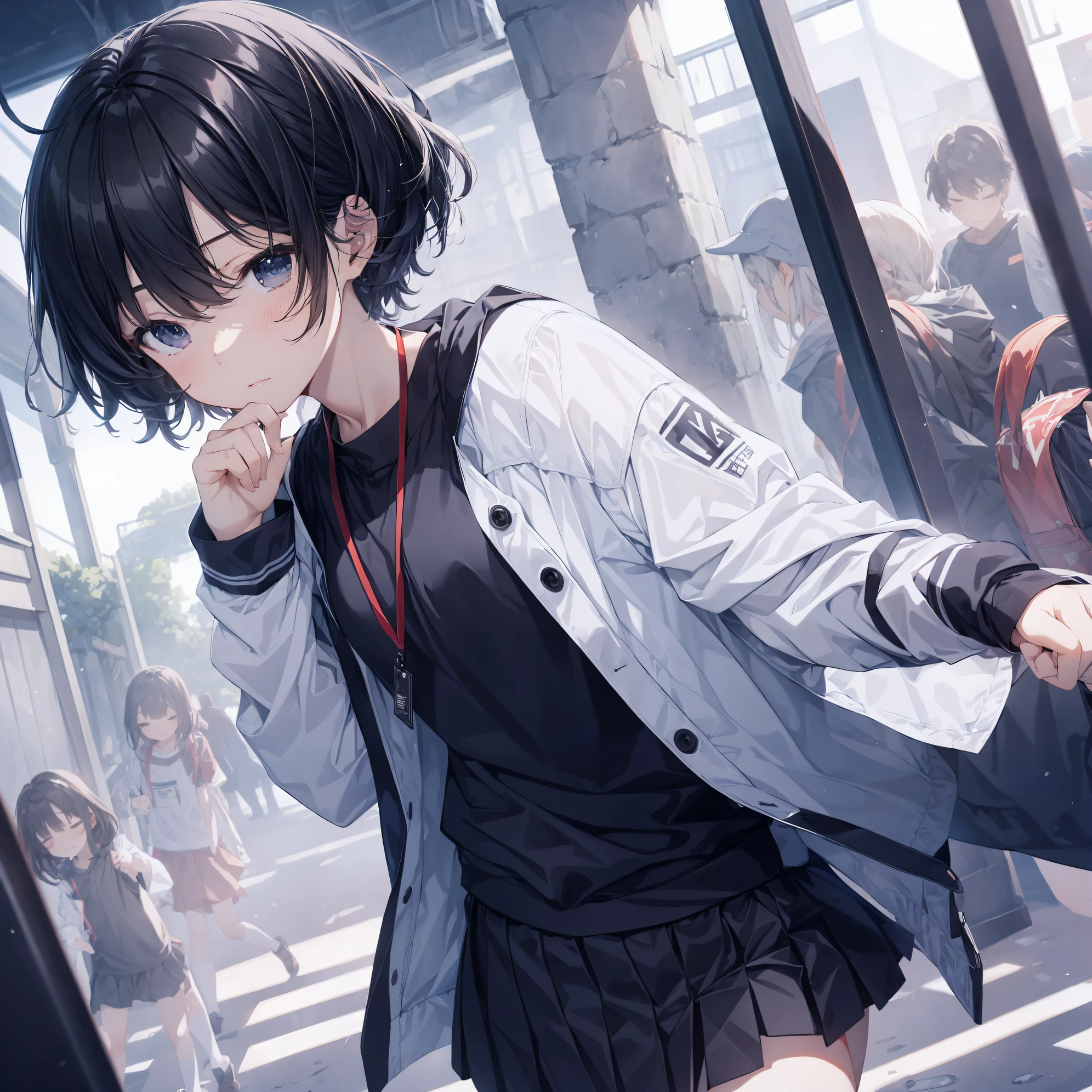 Super high quality by the art god, Ultra-detailed, High resolution, anime moe art style, Best Anime 8K Konachan Wallpapers, Pixiv Contest Winner, Perfect Anatomy, BREAK,(Draw a girl sleepily walking to school. ),BREAK, 1girl in, (Solo,Lori,child,13years:1.3),Full limbs, complete fingers,a junior high school student, Androgynous attraction, (Very short hair), Sleeping hair, hair messy, flat chest, Small butt, groin, Small eyes,Beautiful detailed black eyes, Well-proportioned iris and pupils, disgusted eye, High resolution detailed hair, School uniform, Skirt, On the way to school. BREAK,super detailed skin, Best lighting by famous artists, 8K, Illustration,
