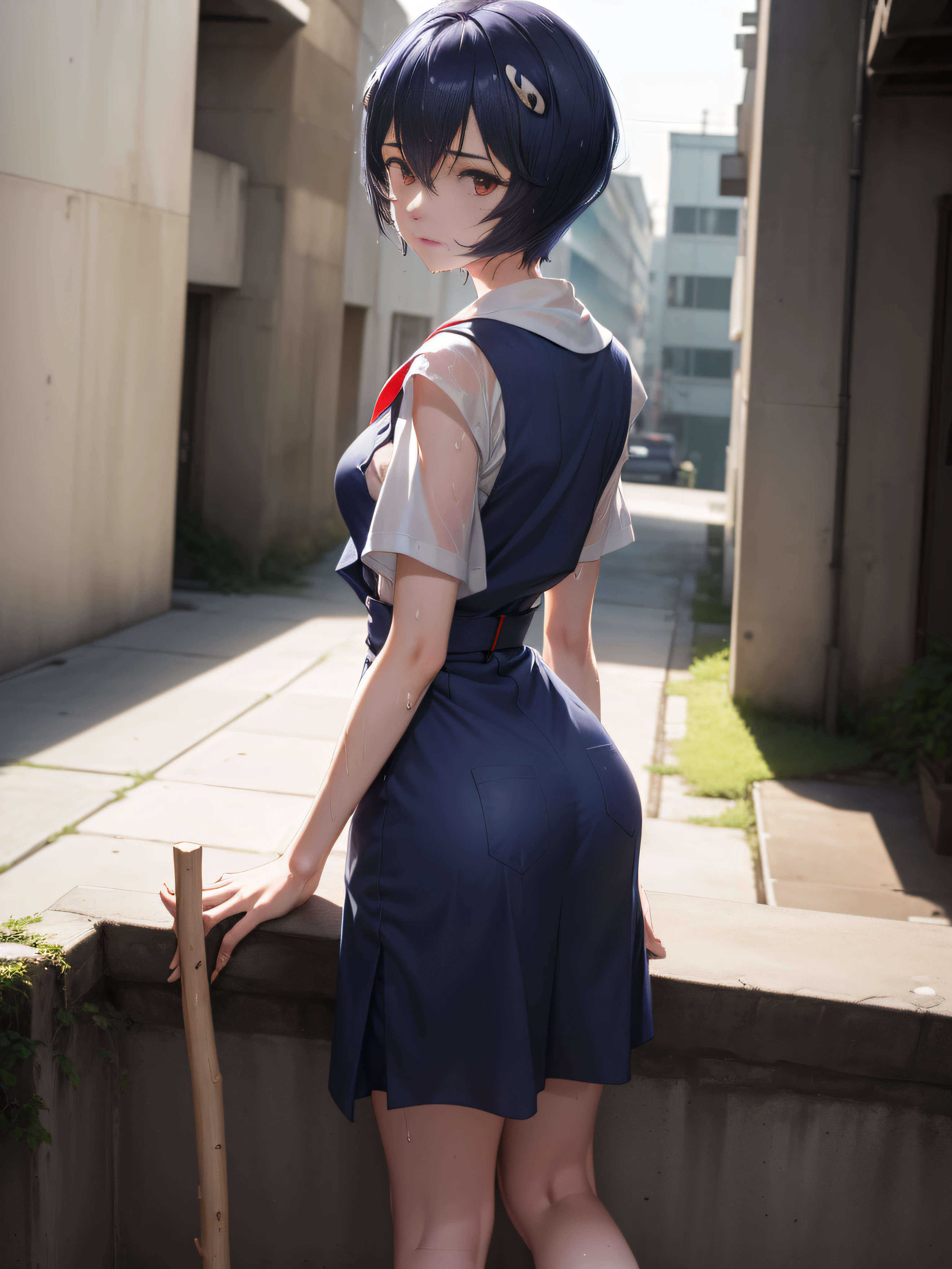 (masutepiece, Best Quality, Ultra-detailed, 8K, ), ((Perfect hands)), ((Perfect Anatomy)), medium cleavage, standing on the stairs of an abandoned concrete building、 ((Attractive anime 1 girl)), ((Rei Ayanami)), ((dark indigo short hair:1.5)),clean detailed faces、Look at the viewer,Red right eye:1.5, ((Junior high school uniform))、((white panties), , Kamimei , (cum in thigh:1.2),Raise your wet big buttocks straight up towards the viewer、 (((Stick out your big wet ass and turn around lightly)))、