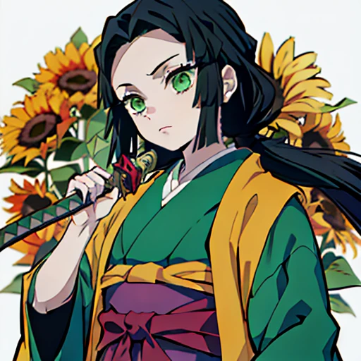 a girl with black hair and green eyes is brown, com capa Kimono Sunflower Demon Slayer com uma katana com um rosto fofo 13 anos