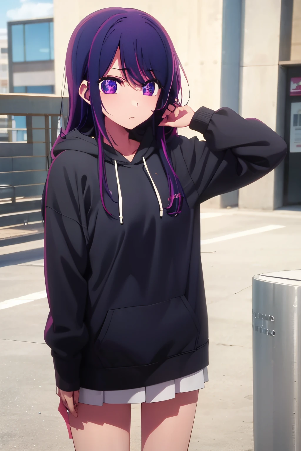Ai Hoshino,1girl,alone, Best quality, purple hair, purple eyes, wearing a black hoodie, cute girl, Her expression is solemn, Sexy face, She has a cute expressive face, Hard chest