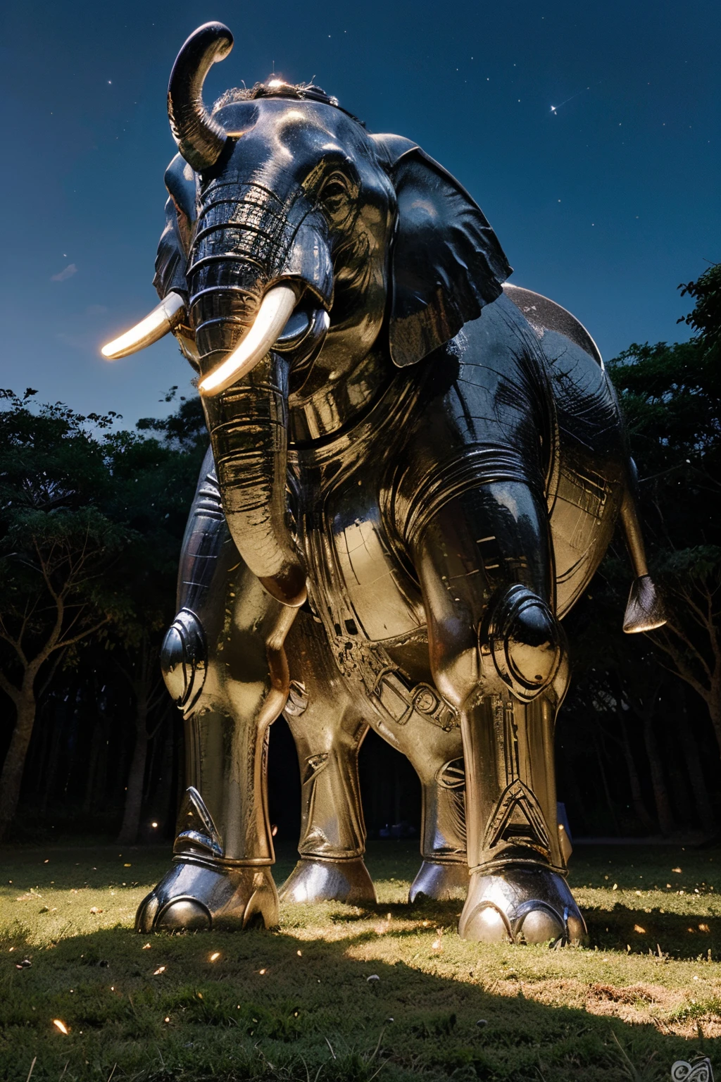 Em um campo rasteiro de grama prateada, banhado pela luz suave da lua, ergue-se imponente um elefante branco esculpido em pedras preciosas. His massive and majestic figure stands out against the night scenery. The elephant's skin is carved in intricate detail from sparkling gemstones, creating a mosaic of dazzling colors that dance in the moonlight.
A tromba do elefante, curvando-se graciosamente para o alto, It is a masterpiece carved from the rarest and brightest stones, standing out as a symbol of elegance and power. Every detail of the trunk seems to capture the essence of strength and grace, enquanto reflexos cintilantes emanam dela.
The field of silver grass beneath the elephant's feet serves as a natural carpet that further enhances the magnificence of the creation.. A grama prateada parece refletir a luz da lua, creating a soft, ethereal glow across the entire field.